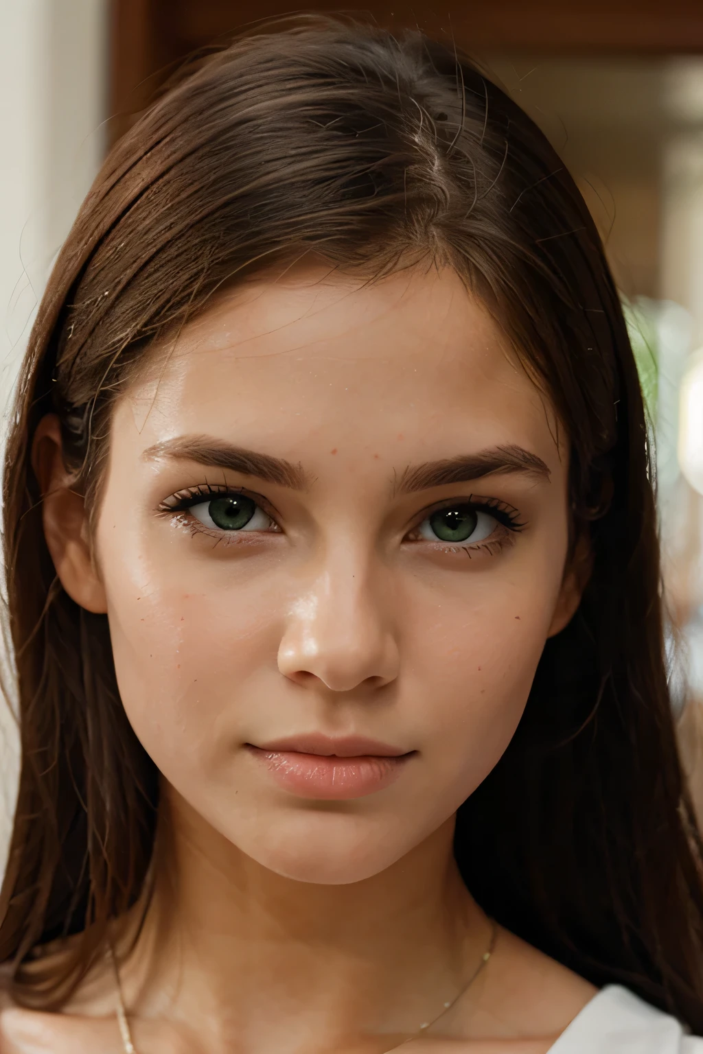 head and shoulders photography of a beautiful eastern European brunette, bright green eyes, symmetrical face, photorealistic, photography, spectacular lighting,looks into the camera, eye contact, gorgeous, western, (masterpiece), best quality, high resolution, extremely detailed, skin with pores, blurred background, depth of field, cinematic lighting