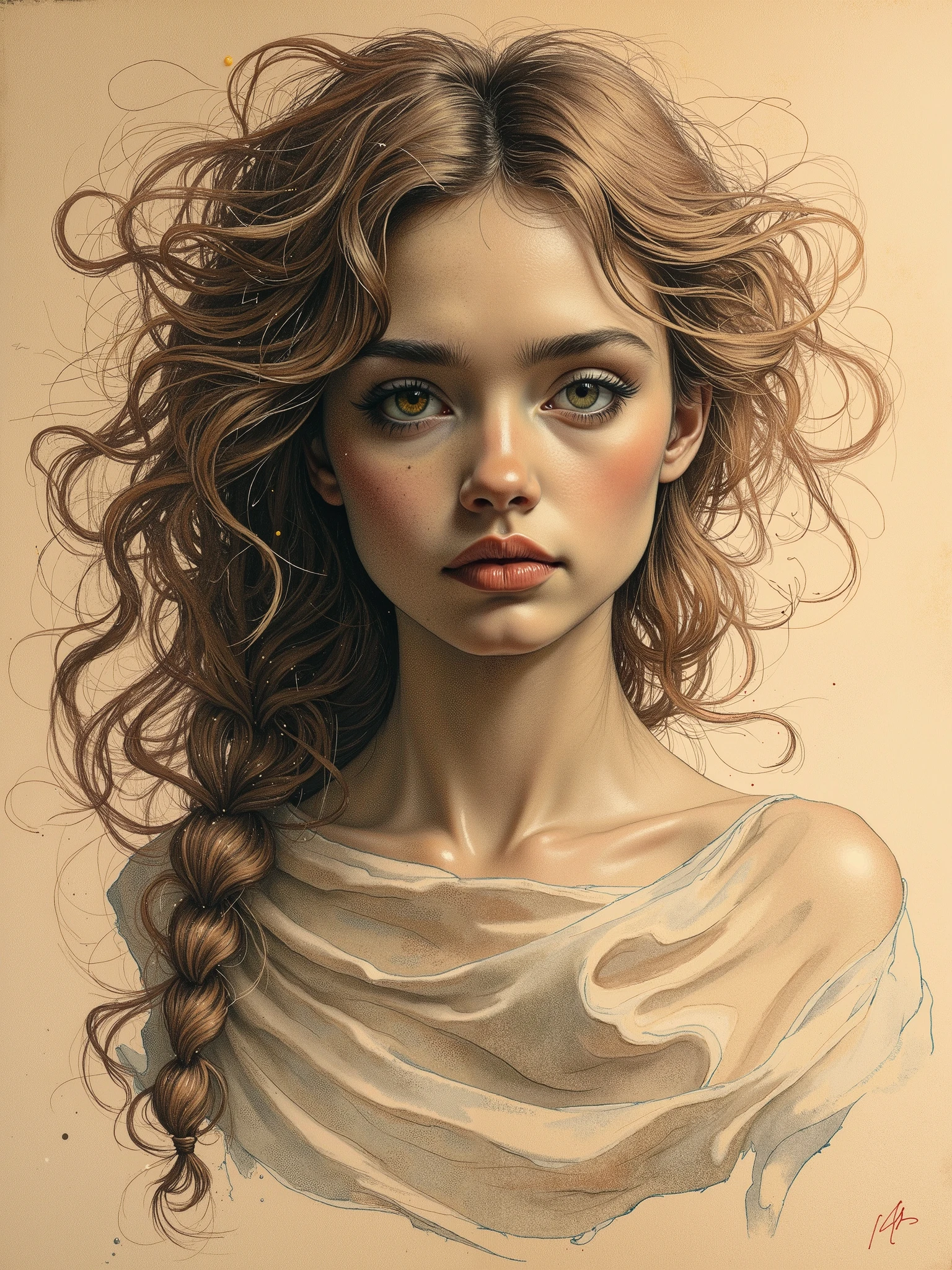 Painting of a woman with long hair and a white dress - SeaArt AI