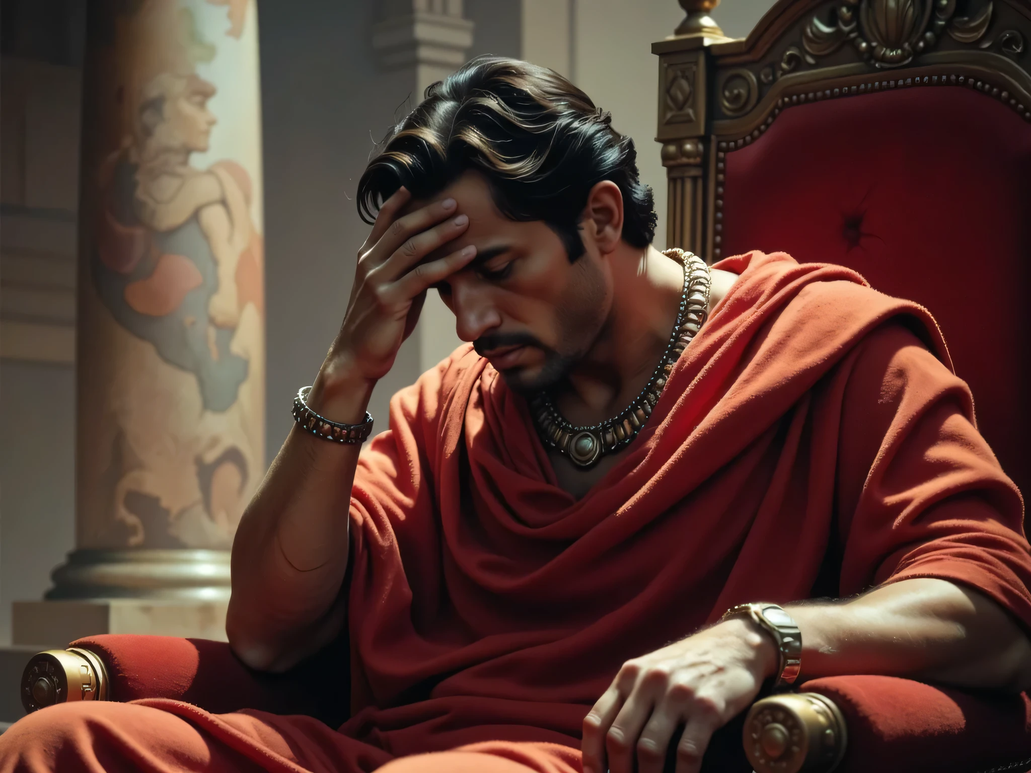 Create a realistic, colorful, and dramatic image of King Eurystheus seated on his throne, covering his face with his hand in a gesture of worry and discomfort. The setting should reflect the grandeur and atmosphere of ancient Greece, with intricate details and lighting that emphasize the king's troubled expression and the dramatic tension of the scene.