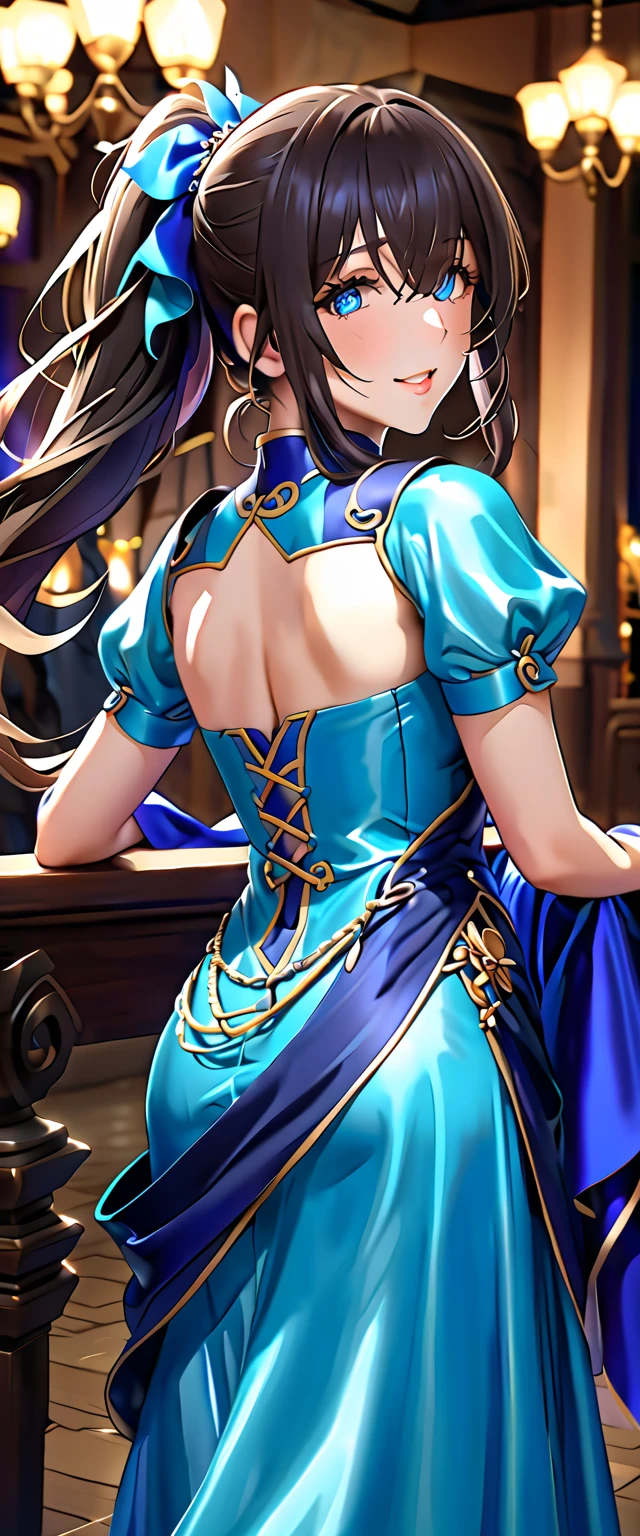 realisticlying、natta、Face Real、13-year-old girl、Eye color: blue, emphasis on the buttocks、Backward view、、(Emphasis on the thighs)、(Super close-up from below)Medieval Italy((Wearing the Venetian Mikloy((Masquerade))、Wearing a tight-fitting orange dress、Ancient castles in Italy、sexy pose、Face smile