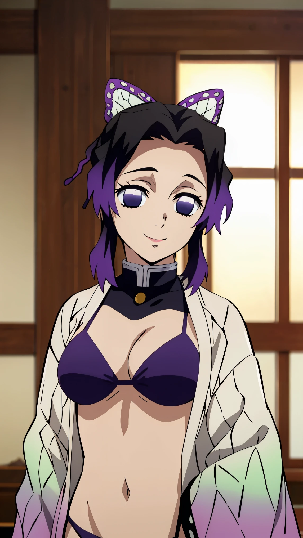 Ef_Shinobu, 1 girl, Kocho Shinobu, butterfly hair ornament, One, hair ornament, purple hair, multicolored hair, purple eyes, black hair, medium breast, seductive smile, I look at the viewer, blurred background, in room, Japanese House, half of the body, slim, ((masterpiece)), Best quality, High detailed illustration, high background detail, a high resolution, standing, upper body, (bikini)