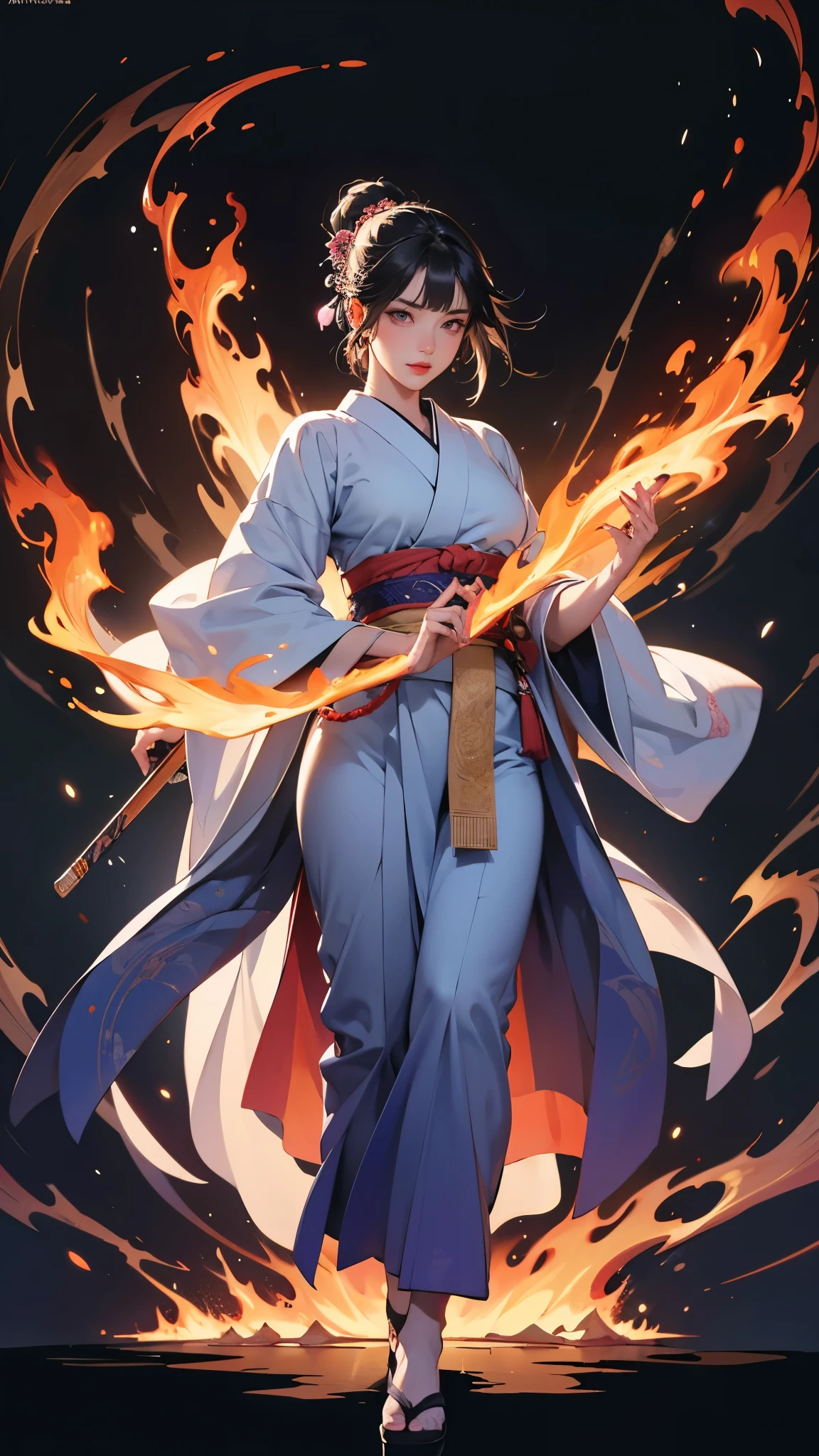 (The Heian period), (Onmyouji style , Abeno Seimei style, purple long kimono, beautiful purple kimono with intricate designed pattern by embroidery) , (full body:1.1), front view), best moment, dynamic pose, mysterious things , old Japanese mysterious story, (Japanese ancient magic)), solo, female,(detailed beautiful face, sharp eyes, red eyeshadow, red lips), BREAK (black hair, very beautiful sleek straight hair, blunt bangs:1.2), (ultra detailed clothes, beautiful coloring clothes), (fight against the Japanese evils, Oni, action shots, ((both hands are glowing beautiful mysterious fire)), (Intricate detail, detailed intricate background, ((faintly glowing Sanskrit letters:1.38)) in background):1.2, battoujutsu, the outstanding artwork:1.2, best quality, (beyond the best), unseen masterpiece, incredibly absurdres, extremely detailed, intricate accurate description, hyper realistic, RAW photography, UHD,HD, intricate detailed, 4k, 8k, perfect fantasy artwork, perfect anatomy ),