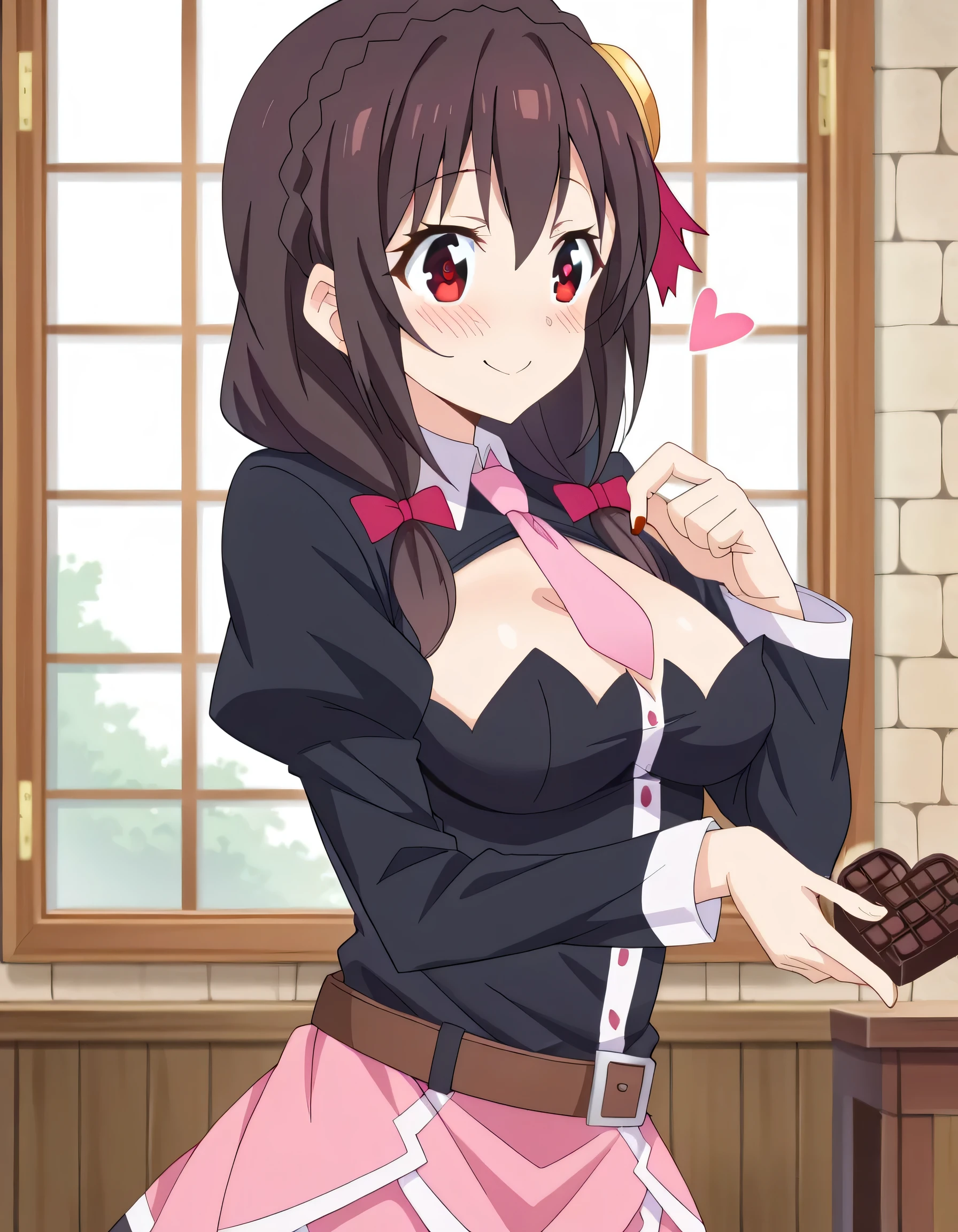 high definition, high quality、
Yunyun、 black hair, hair accessories , red eyes, , braided , crown braided ,
skirt, thighs, Long Sleeve, tie, belt, Outfit Cutout, cleavage cutout , pink tie,
smile、(blush)、( I'm offering chocolate in the shape of a heart to the viewer:1.4)、indoor、(upper body)、Pink heart symbol、Valentine's Day、next、Looking very close 、 side view