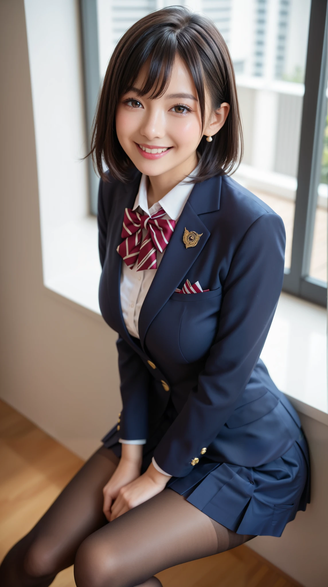 score_9,score_8_up,score_7_up,ultra detailed,absolutely resolution, 32k,masterpiece,best quality,ultra HD quality,detailed beautiful face and eyes,beautiful Japanese girl,Black hair,straight hair,Smile,Steam,school uniform,blazer,modern style with fitted jacket,short skirt,and tights,arms behind back,large breasts,leaning forward,squat,legs together,from above,looking at viewer,class room
