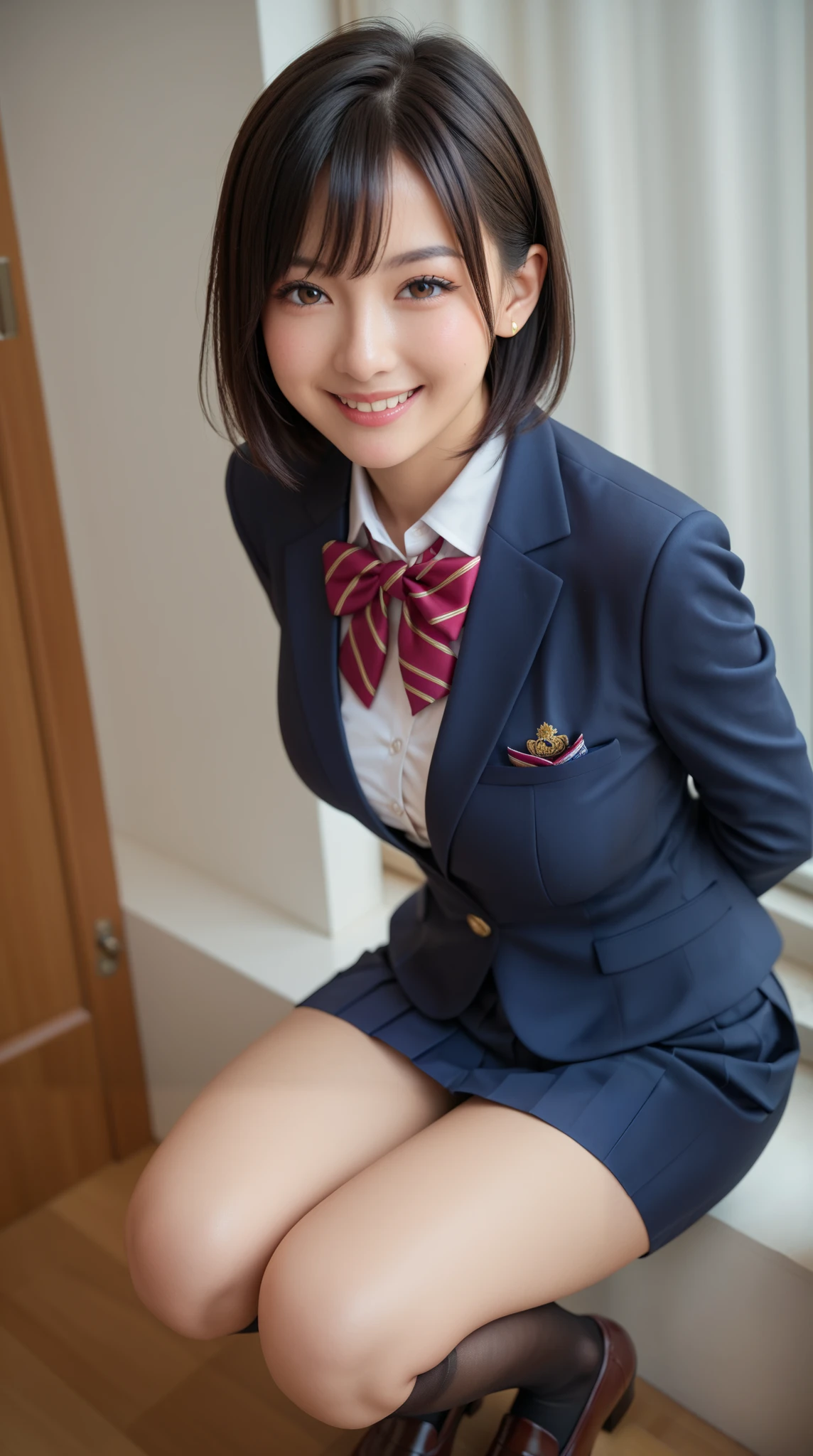 score_9,score_8_up,score_7_up,ultra detailed,absolutely resolution, 32k,masterpiece,best quality,ultra HD quality,detailed beautiful face and eyes,beautiful Japanese girl,Black hair,straight hair,Smile,Steam,school uniform,blazer,modern style with fitted jacket,short skirt,and tights,arms behind back,large breasts,leaning forward,squat,legs together,from above,looking at viewer,class room