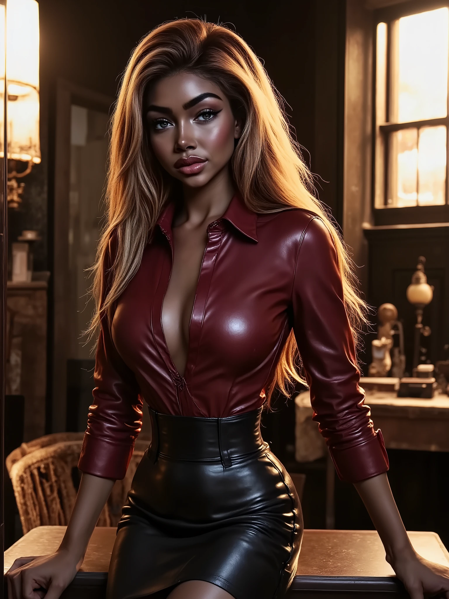 arafed blonde woman as a naughty teacher, bordeaux red unbuttoned leather blouse, leather pencil skirt with high laced split, posing in an old dusty library, backlit, belt, backlit, perfect make-up, cinematic, realistic, tight hairstyle, high contrast, visually rich, strong eyeliner, elegant, graceful, natural beauty, charismatic, versatile, photogenic, very detailed