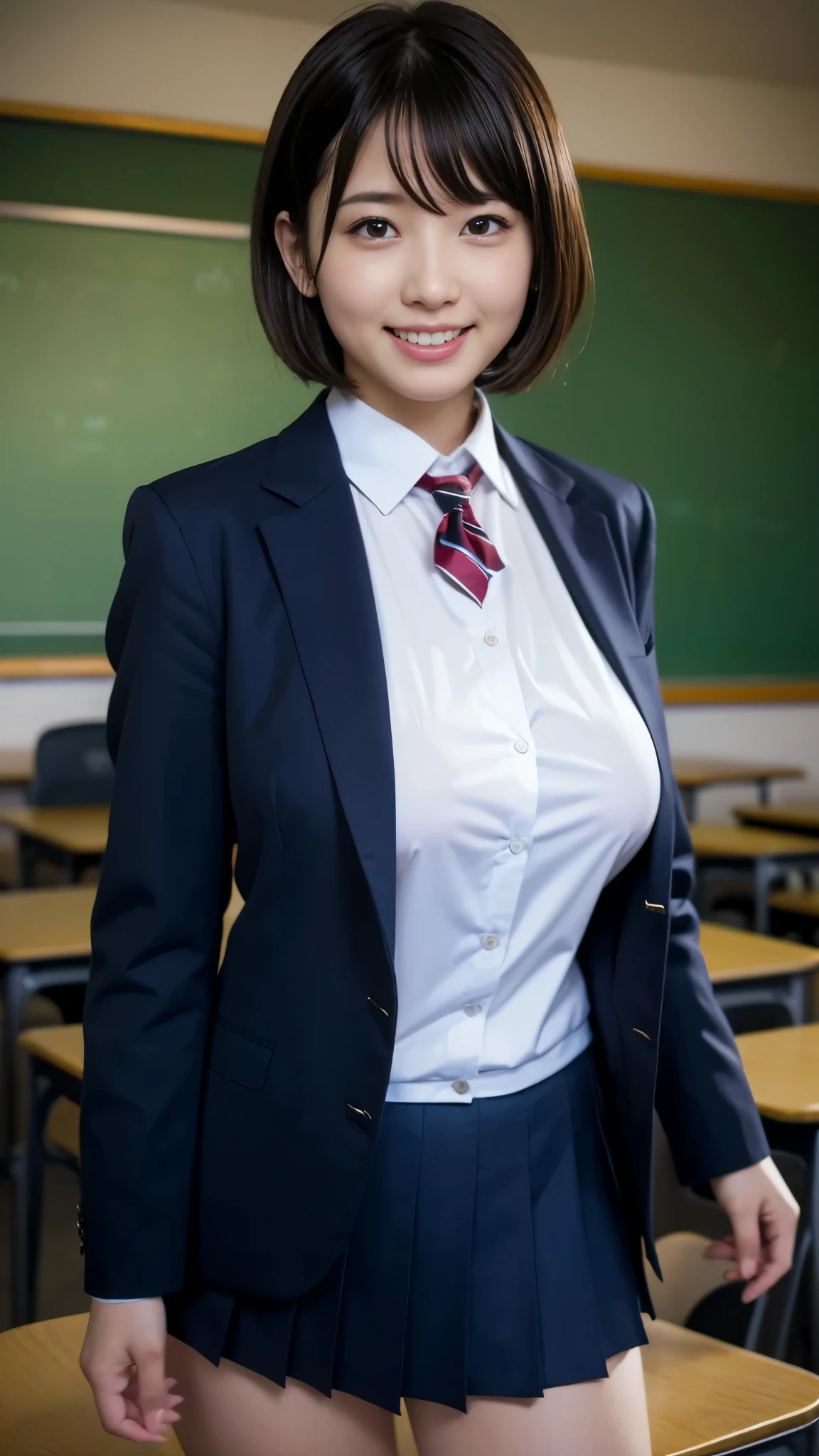 top quality,masterpiece, Ultra High Resolution, high-definition RAW color photo, professional photography, natural skin texture , fine skin, hyperrealism, smiles, dark blonde short cut hair,gigantic breasts,(( high school girl uniform , white cutter shirt, blazer,right blueチェック柄プリーツミニスカート)),classroom,( erect nipples,Sweaty clothes,wet clothes)