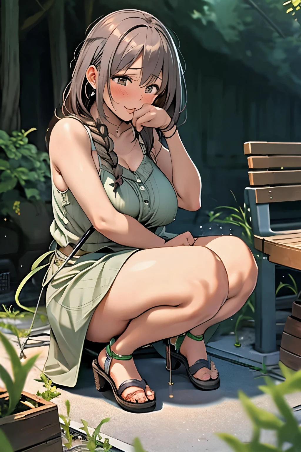 ( best quality), (masterpiece), 1 girl, Early 20s, smile, japanese woman, (big heavy breasts:1.5) , huge Breasts, plump breasts, thick, thick lips, wide hips, Thin Waist, cute_ camisole_top, GREEN 03 , 緑色の camisole,シルクの camisole, squatting, peeing, open legs, focus face