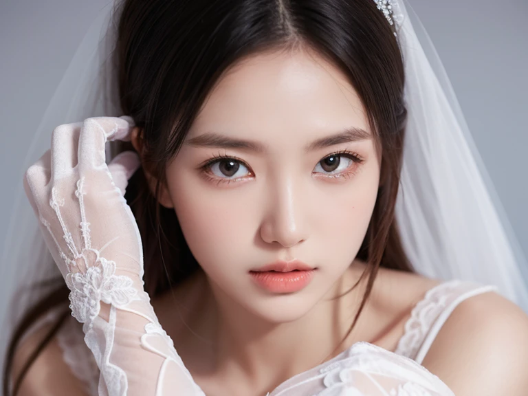 Tabletop, Highest quality, shape, Very detailed, In detail, High resolution, 8k wallpaper, Perfect dynamic composition, Face without makeup, Transparent muscles, Beautiful details, Naked in white cloth, Sexy Face, (Open your mouth:0.8), Dazzling white light background