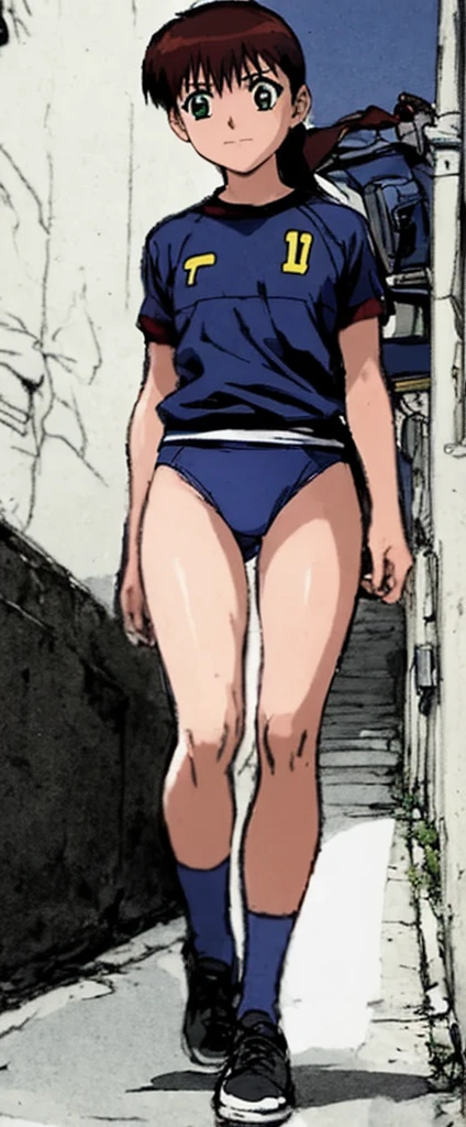 Miyanoshita Satsuki, with her beautiful legs, is standing by an indoor pool in a high-cut swimsuit with the bright blue arena lettering and mark.。
