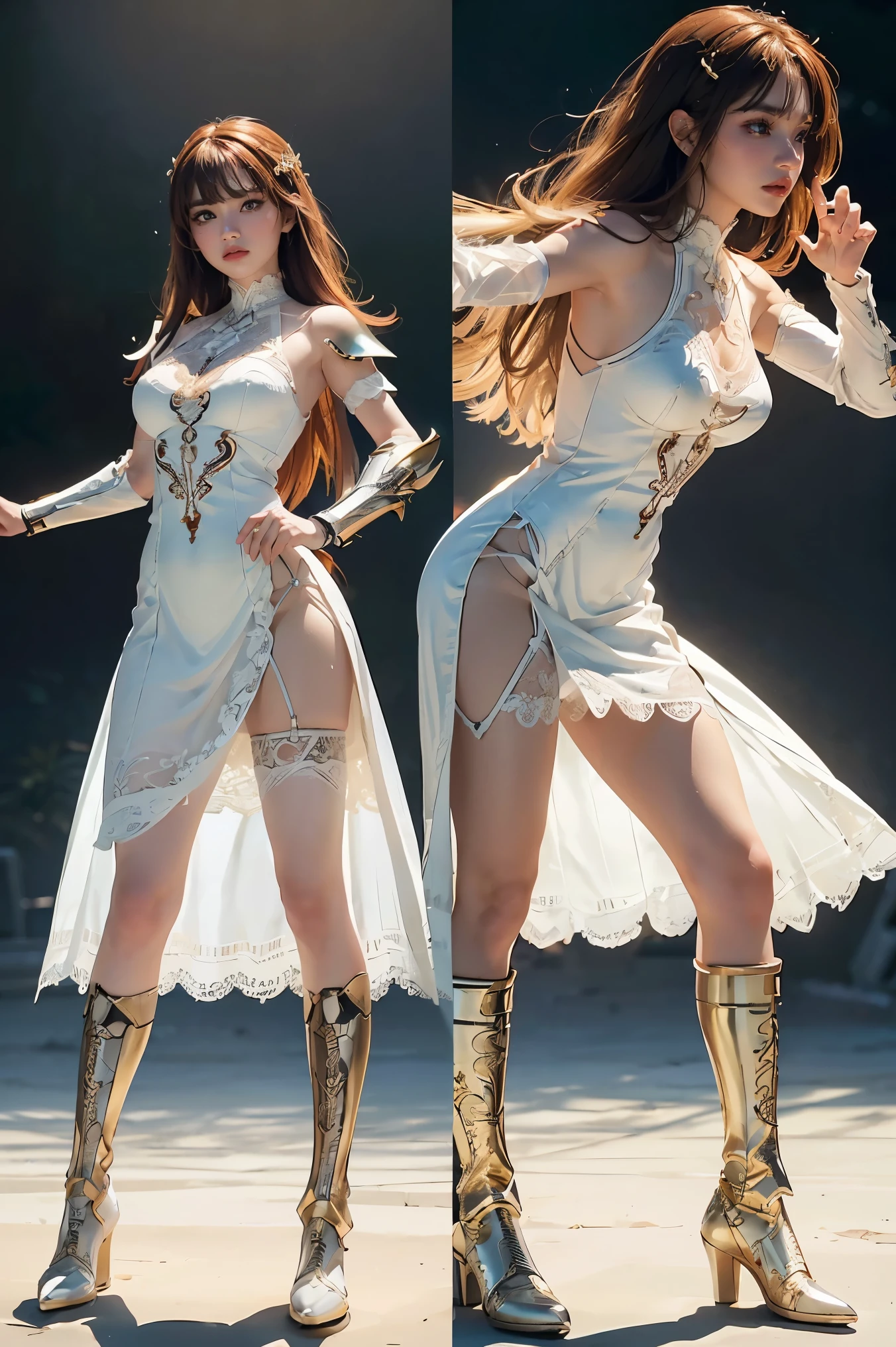 Surrealism, High Detail, movie lighting, Ray tracing, Perspective, Eye level shooting, Ultra HD, masterpiece, Textured Skin, 4k, best quality,Full body image, full body, standing posture, a woman, blue and white, conceptual art, mechanical, reflective, cyberpunk, mecha, white skin, delicate face, tight fitting clothing, (golden long hair), chip, shining, sword