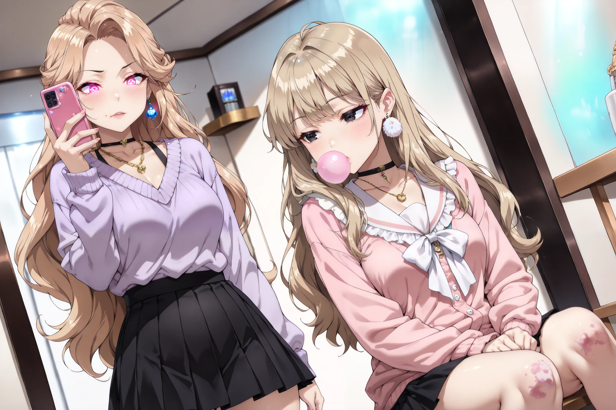 ( masterpiece), (retrato),  medium breasts  (aesthetics), ((1 girly 21 years old)),  Featured Earrings ), (( Very long hair, chewing gum, chica gamer)), (( Warm beige hair )),  disheveled hair ,  slender open eyes ,  black eyes, beautiful, girly, Women,  looking into the distance ,  squinting eyes, relaxed eyebrows,  beautiful, girly  Features , arriba,  high quality, Ropa aesthetics,  Professional Angle , ( Rule of Thirds ), (girly), (girly), (girly), ( beautiful) , (girly )  Features ), Alone , (Attractive Korean ), summer, (ink mist), (afternoon), (Vibrant light),  seductive posture, (( face looking forward))),  school uniform, , atar, black pleated skirt.  ((Energy)), ( hostesses without makeup), ( medium breasts ), light skin, ( Clothing with details Hip Hop , horny and slutty voluptuous Women), (a girl,  warm fit ,  mature and voluptuous body ,  super curvaceous body ), ( Sleeping Neckline ), beautiful hands, Body  beautiful,  beautiful ears,  beautiful eyes,  glowing eyes,  beautiful mouth,  beautiful lips,  needy expression , acera, houses,  warm and thick legs ,  phone in hand, looking at his phone,  short black skirts , torn knee-length stockings,  sweater necklace, Choker necklace , small chain necklace, tired face, dark circles, 1 girl
