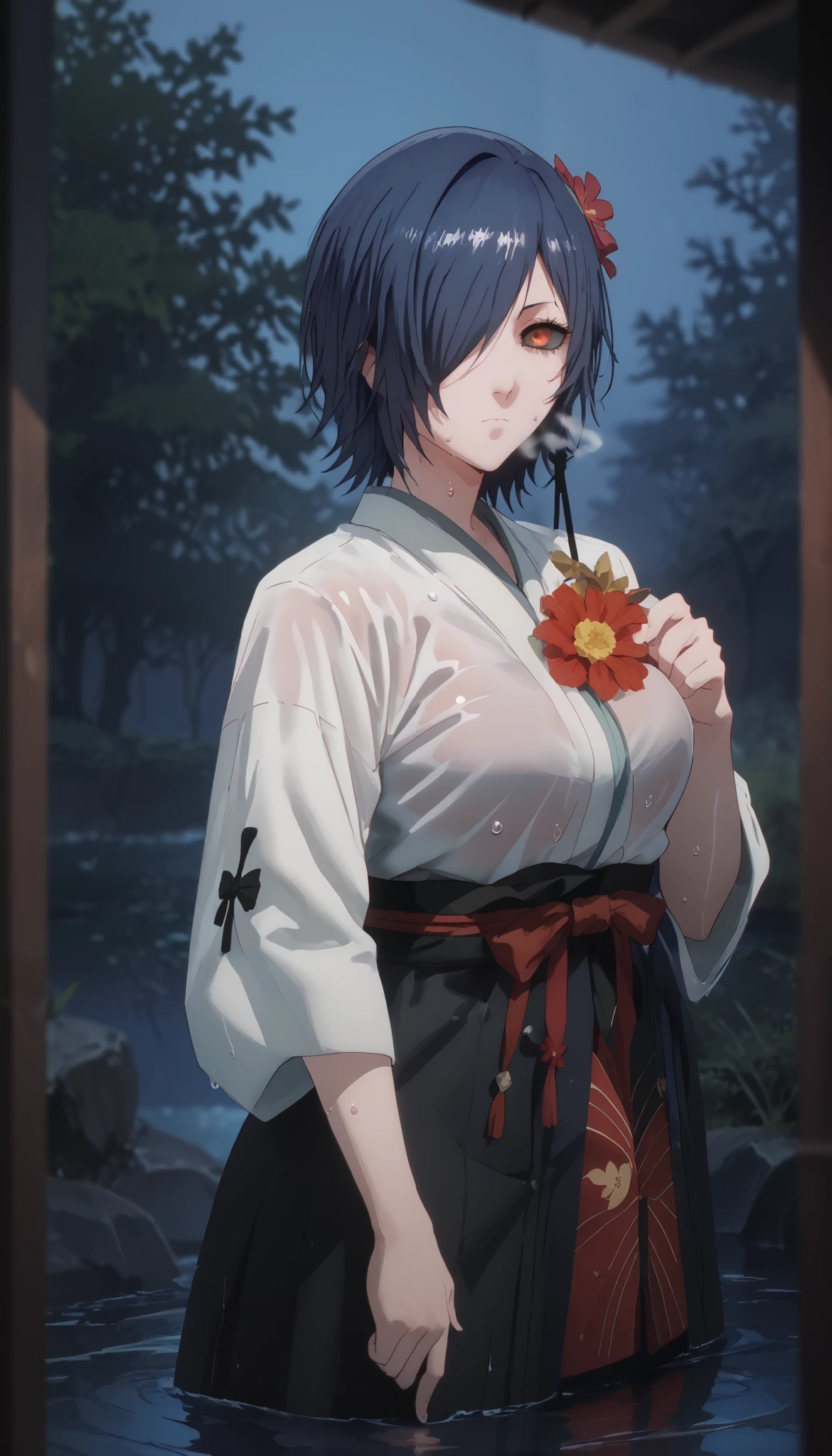 score_9, score_8_up, score_8, score_7_up, kirishima touka, blue hair, hair over one eye, ((black sclera)), red eyes, bright pupils, anime coloring, anime screencap, (voluptuous:1.3), (thick:1.3), BREAK UHD, retina, masterpiece, accurate, anatomically correct, textured skin, super detail, high details, high quality, award winning, best quality, highres, 4K, excessive sweating, sweating, sweating drop, (gasping, heavy breathing:1.3), (skindentation:1.2), perfect eyes, beautiful eyes, eyelashes, makeup, detailed body, perfect body, BREAK, 1girl, fhair flower, flower, wading, solo, japanese_clothes, water, blurry, depth_of_field, outdoors, holding, standing, expressionless, closed_mouth, night, looking_at_viewer, hollow eyes, bright pupils, sweating, heavy breathing, steaming face, glowing eyes, expressionless, lazy eyes,