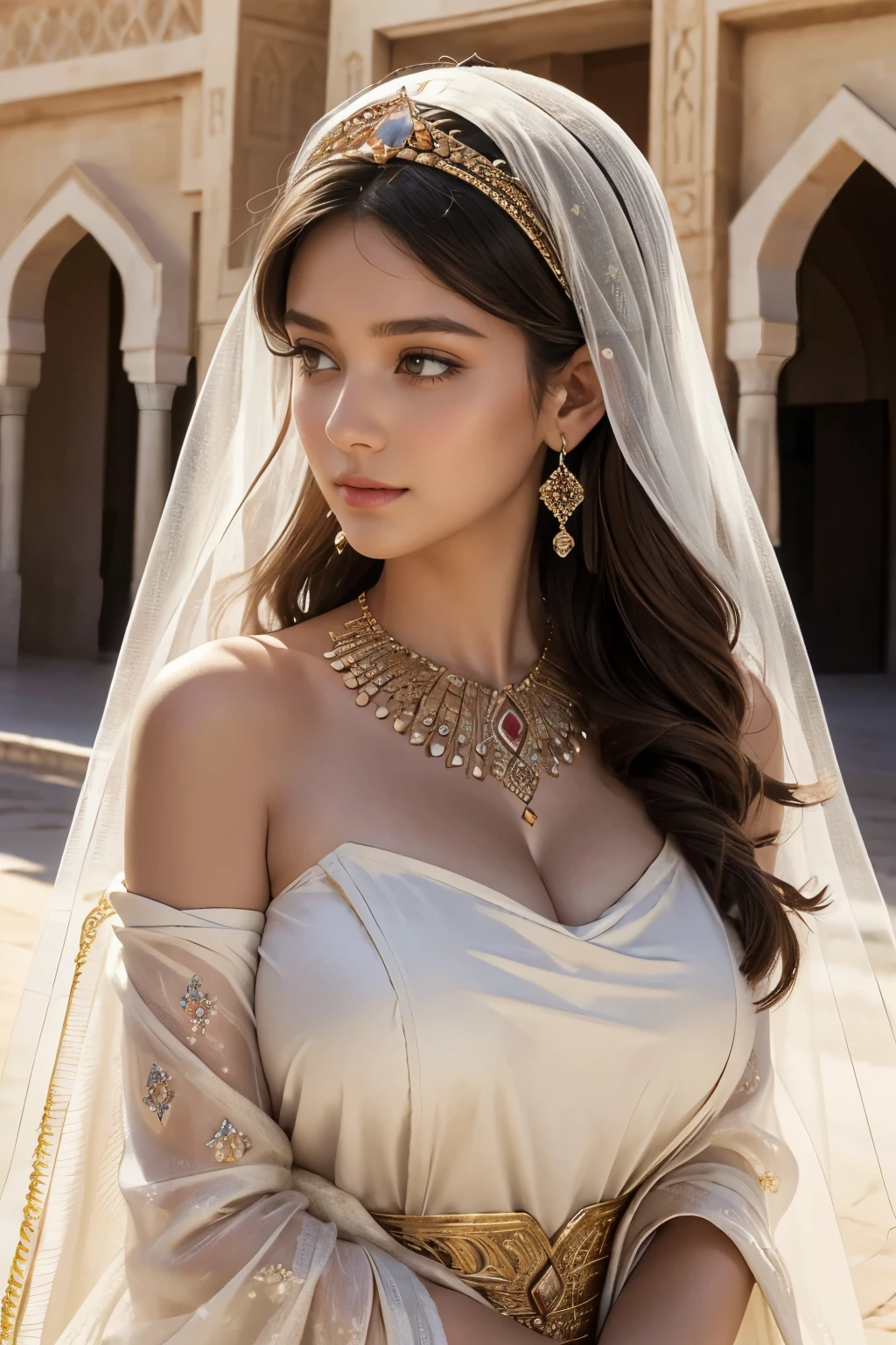 (((best quality))),(((ultra detailed))),(((masterpiece))),illustration,1girl, solo,princess, Arabic, curvy,fat, ((palace, desert)),gold, gemstones,headscarf, veil on face,white sheer traditional clothing, hairband, deep eyes, elegant face, subtle smile,earrings,necklace,slender legs,sunlight, shining, serene, environment,day scene,out door,standing,from front,((big breasts, large chest,arms in front body)), standing pose, 2/3 body, slightly side view,