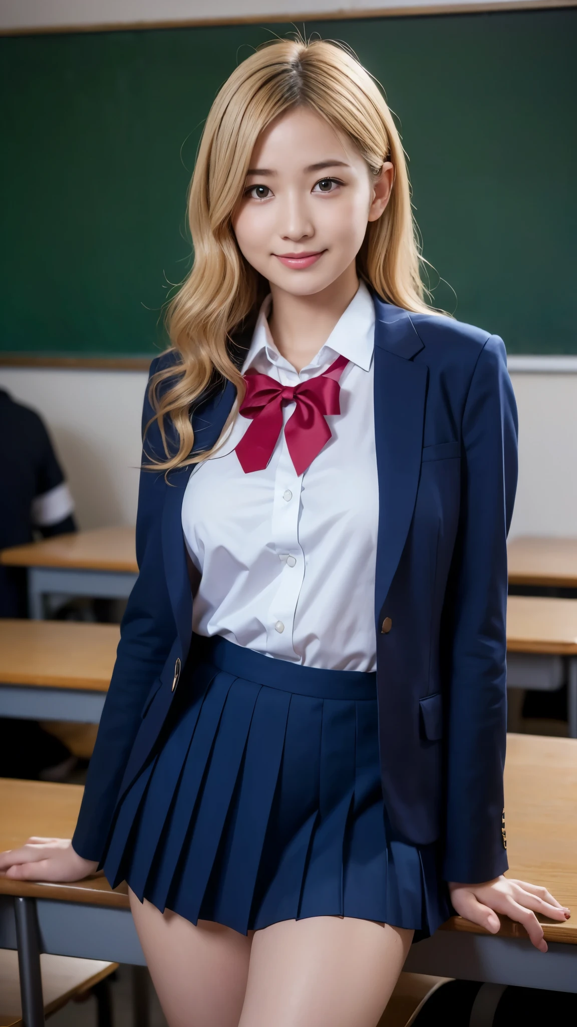 top quality,masterpiece, Ultra High Resolution, high-definition RAW color photo, professional photography, natural skin texture , fine skin, hyperrealism, smiles,(blonde loose curlylong hair,Blonde curly haired gal),(( high school girl uniform , white cutter shirt, blazer,right blueチェック柄プリーツミニスカート)),classroom,( erect nipples,Sweaty clothes,wet clothes)