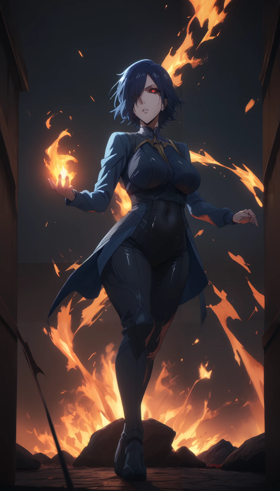 score_9, score_8_up, score_8, score_7_up, kirishima touka, blue hair, hair over one eye, ((black sclera)), red eyes, bright pupils, anime coloring, anime screencap, (voluptuous:1.3), (thick:1.3), BREAK UHD, retina, masterpiece, accurate, anatomically correct, textured skin, super detail, high details, high quality, award winning, best quality, highres, 4K, excessive sweating, sweating, sweating drop, (gasping, heavy breathing:1.3), (skindentation:1.2), perfect eyes, beautiful eyes, eyelashes, makeup, detailed body, perfect body, BREAK, sagging breasts, pale skin, sweating, fire, floating_hair, full_body, standing, looking_at_viewer, covered_navel, skin_tight, firing, parted_lips, shiny_clothes, lips, (aura:1.4), glowing eyes