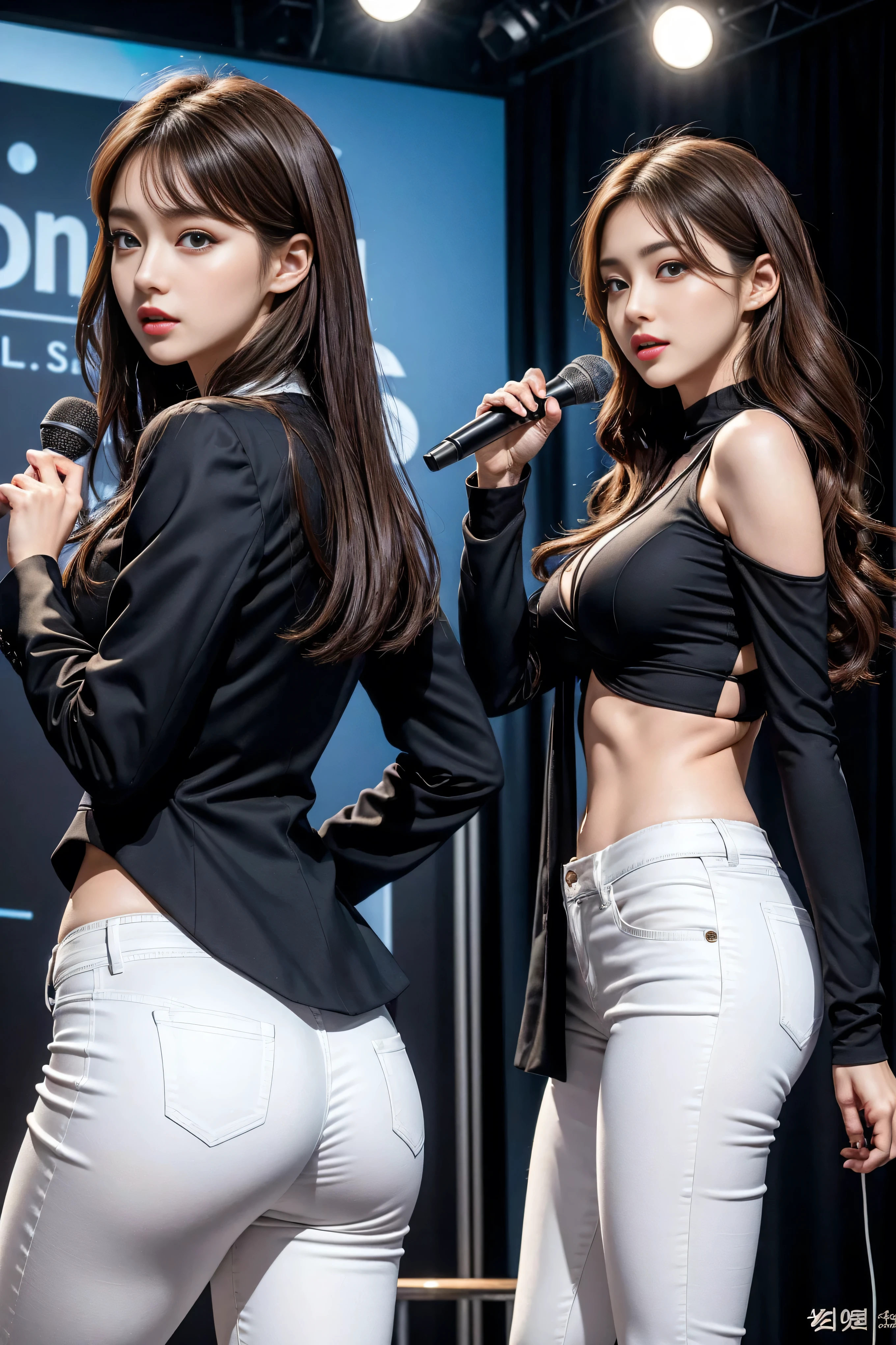(8k,best quality,masterpiece,practical,Super detailed:1.3),(1 girl,Beautiful Korean girl, Korean pop idol),(Black suit jacket:1.2),(White skinny trousers:1.1),(Serious expression:1.2)discuss,(speech,handheld microphone:1.2)(crowd,audience:1.3),Sexy long legs, (thigh gap:1.5),Wide hips,S-Shaped Body, Buttocks raised,,black hair,(Ass Focus:1.1)Shot from behind