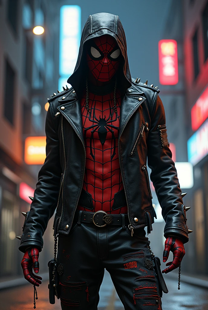 naughty man, doorecendo o tanquinho, offwhite, in black leather jacket, with the head of spider-men, 4K, cartoon, futuristic landscape with blue lights, desfocada, just with the mask, door
