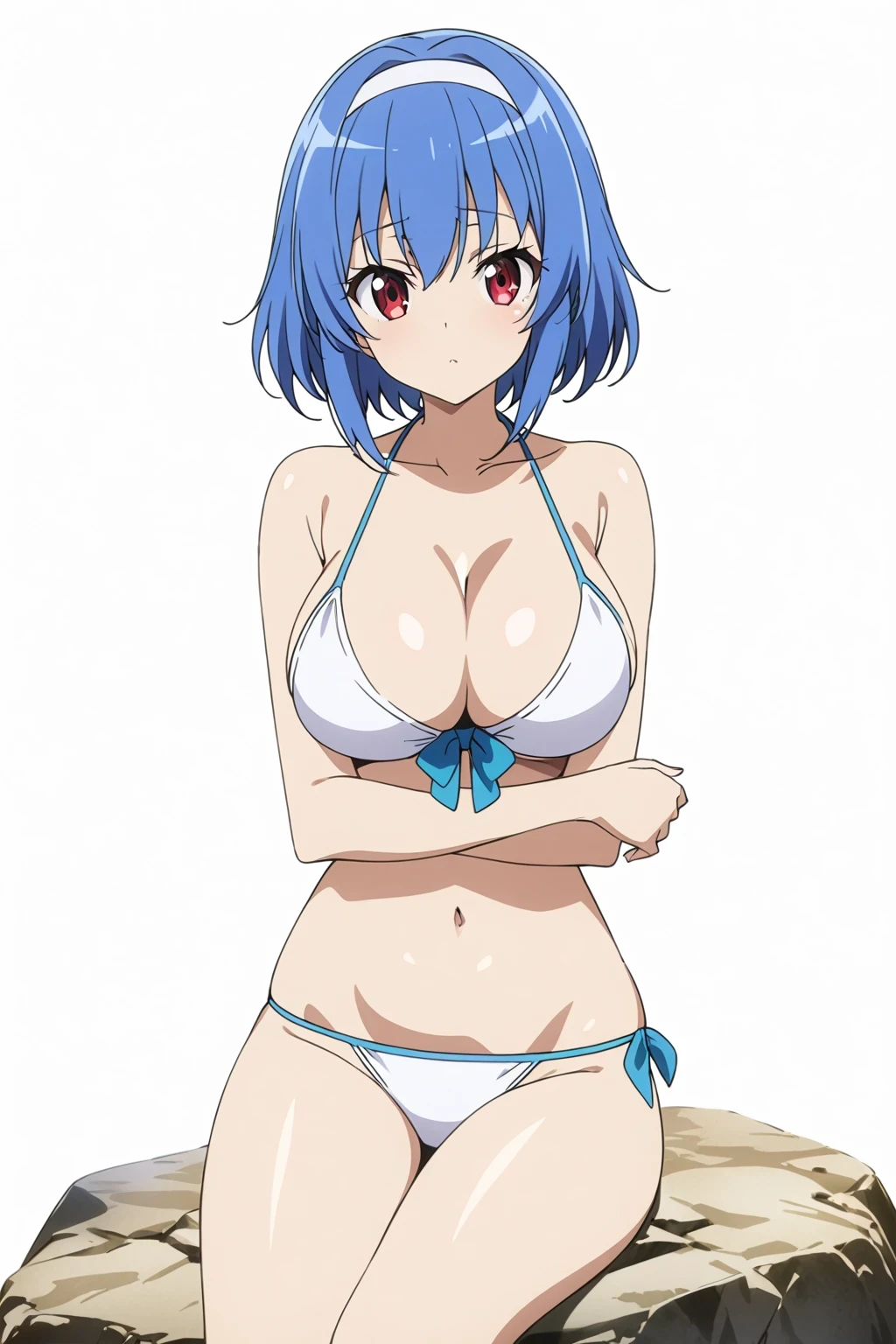 1girl, henrietta de tristain, solo, hat, swimsuit, smile, bikini, breasts, open mouth, looking at viewer, white bikini, blue eyes, sun hat, flower, ass visible through thighs, hat flower, side-tie bikini bottom, dated, large breasts, navel, shiny skin, gradient background, gradient, standing, thigh gap, bangs, purple hair, cowboy shot, twitter username, cleavage, leaning forward, white headwear, wet, hat ribbon, skindentation, shiny, short hair, blue background, :d, medium hair, medium quality, late, <lora:char - henrietta de tristain - v1 - bionagato:1>