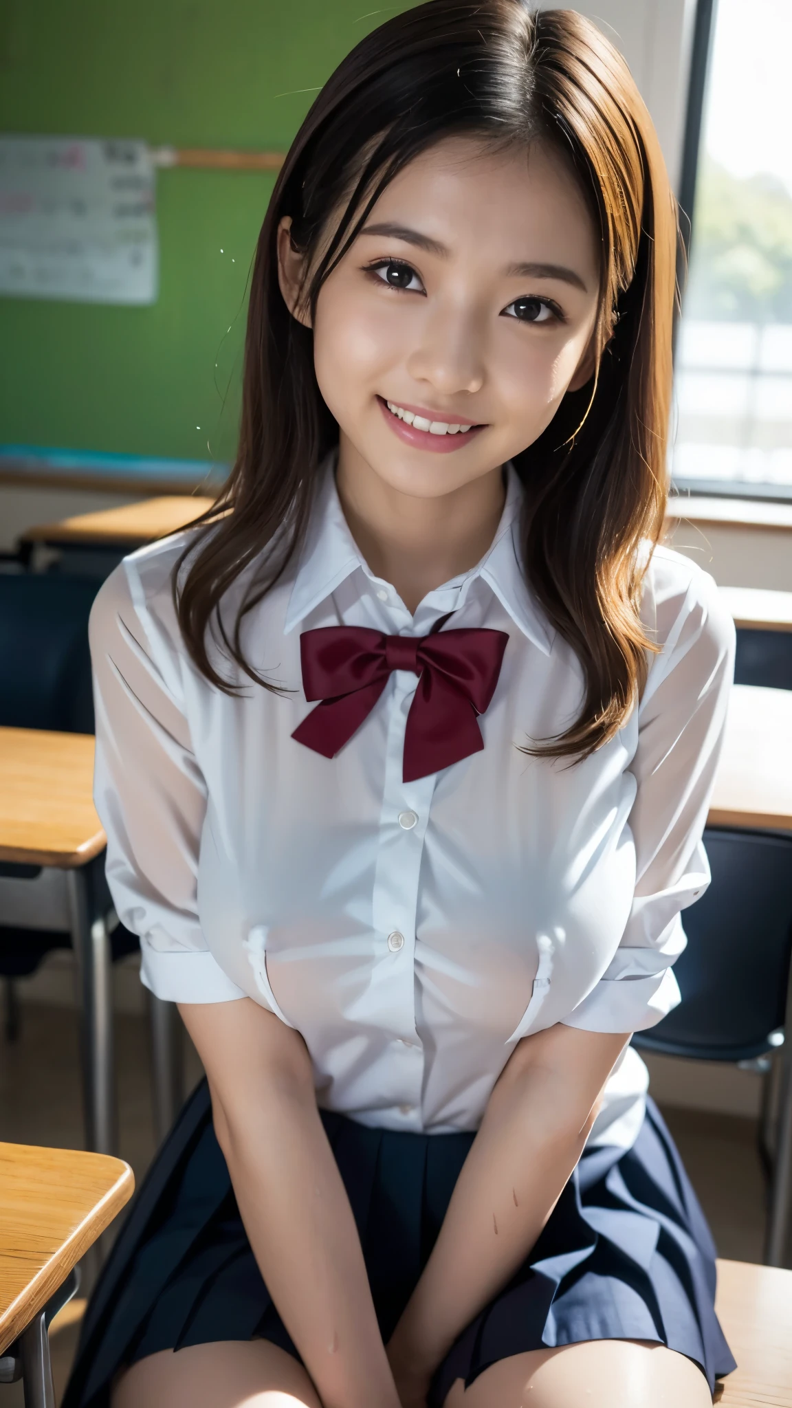 top quality,masterpiece, Ultra High Resolution, high-definition RAW color photo, professional photography, natural skin texture , fine skin, hyperrealism, smiles,(blonde loose curlylong hair,Blonde gal),(( high school girl uniform , white cutter shirt, blazer,right blueチェック柄プリーツミニスカート)),classroom,( erect nipples,Sweaty clothes,wet clothes)
