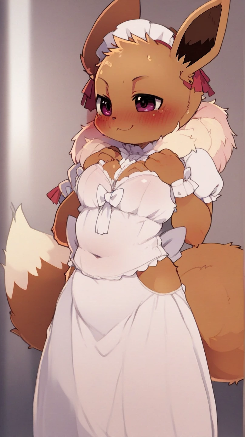 top quality, best quality, by devil-vox, High-quality illustrations, masterpiece)(kemono, furry anthro), very beautiful and detailed body face and eyes, round, 1 female, jackal, Seth, (Tokyo Afterschool Summoners), slightly chubby, mature face, brown furs, fluffy, tail, big breasts, perfect eyes, green sclera eyes, beautiful wedding dress, body movement, body twitching, pregnant, red blushing, clumsy,