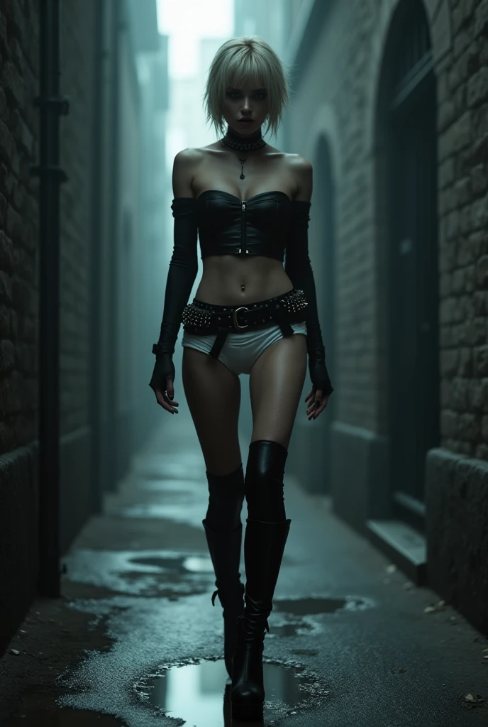 Undead vampire gothic girl with short dark hair and blue eyes, lingerie thigh high boots big boobs big butts very tall muscled BBW lifts a huge giant trailer above her head smiling