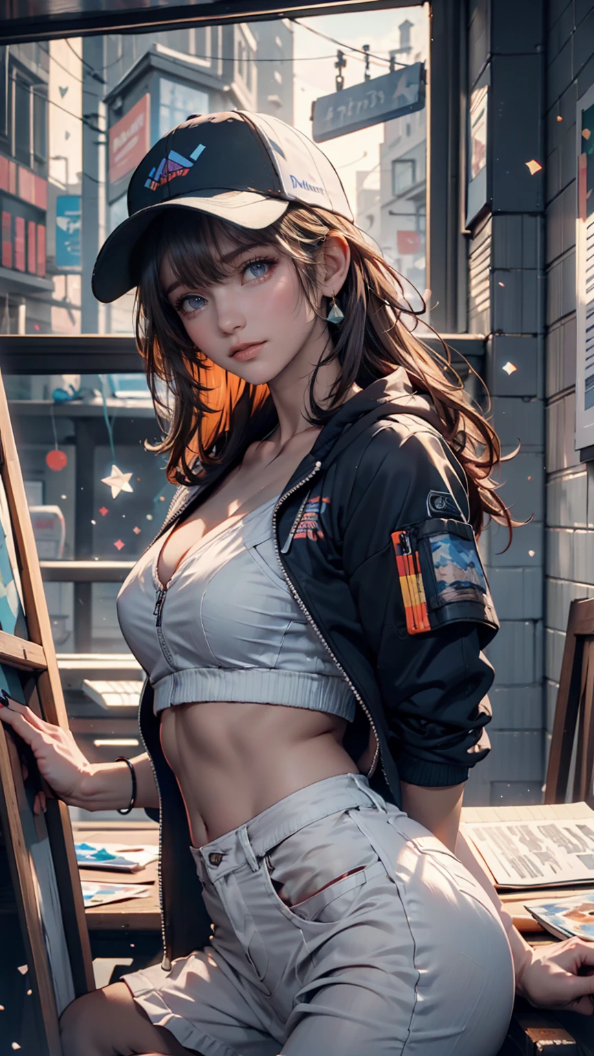masterpiece, highest quality, Very detailed, 8k, RAW Photos, Realistic, One Girl, alone, Rim Light, Very detailed face, (Contrasting:1.1), Butt、Back view, smile, Amazingly cute young Russian girl, Droopy eyes, pale pink plump lips, Light brown straight medium hair、With bangs, Light brown thin eyebrows, Oily skin, Wet Skin, Wearing an ivory and pink cyberpunk style bikini and jacket, Put on some high-tech headphones, Mid-chest, Cyberpunk city residential area, thunderclouds in the sky, Midsummer、