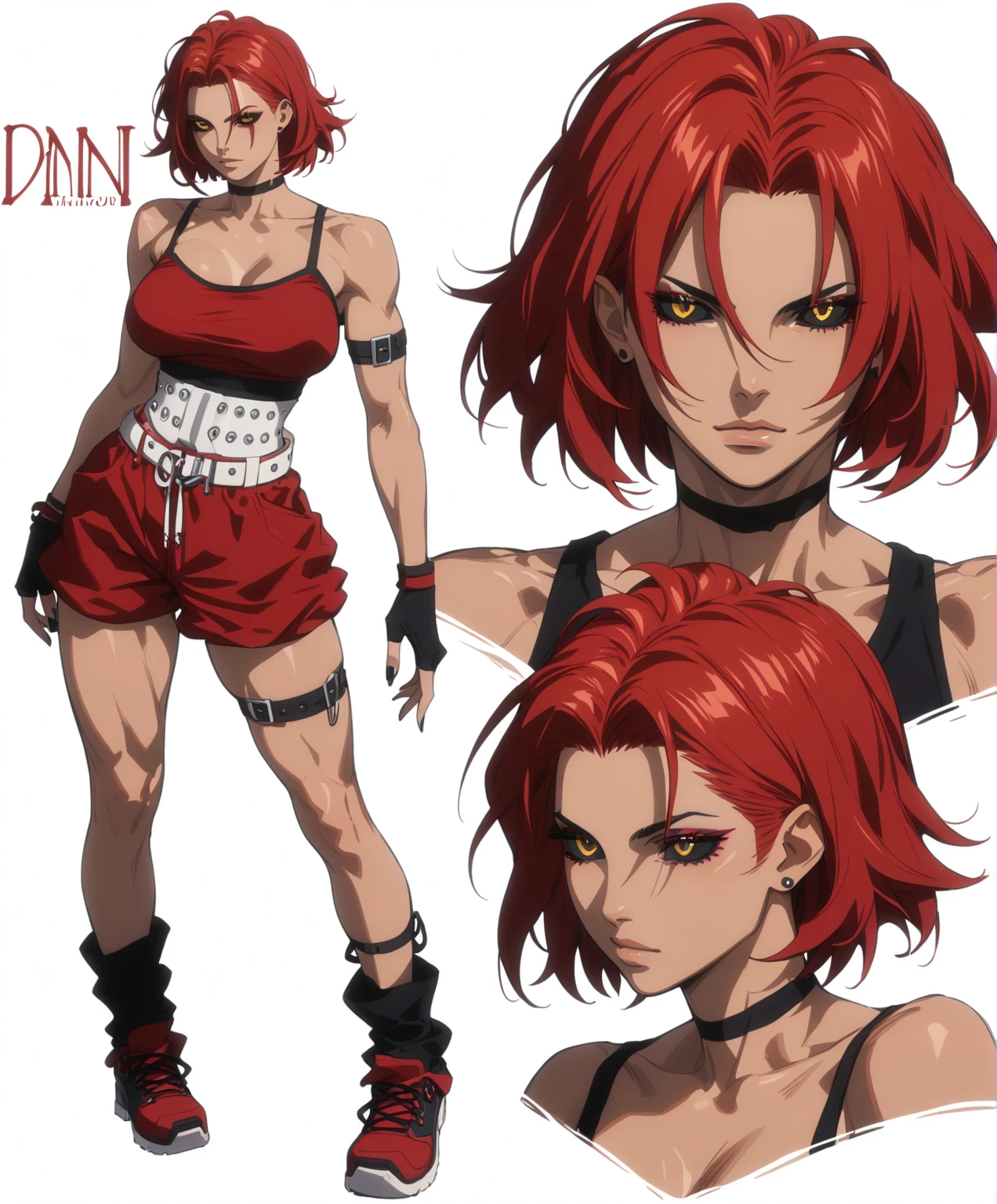 masterpiece, best quality, detailed face, detailed eyes, highres,,<lora:Primitive Saiyan Woman:1> 1girl,Saiyaness, 1girl,Saiyan monkey tail, red hair, long wild spiky hair, hair tied, leather pants