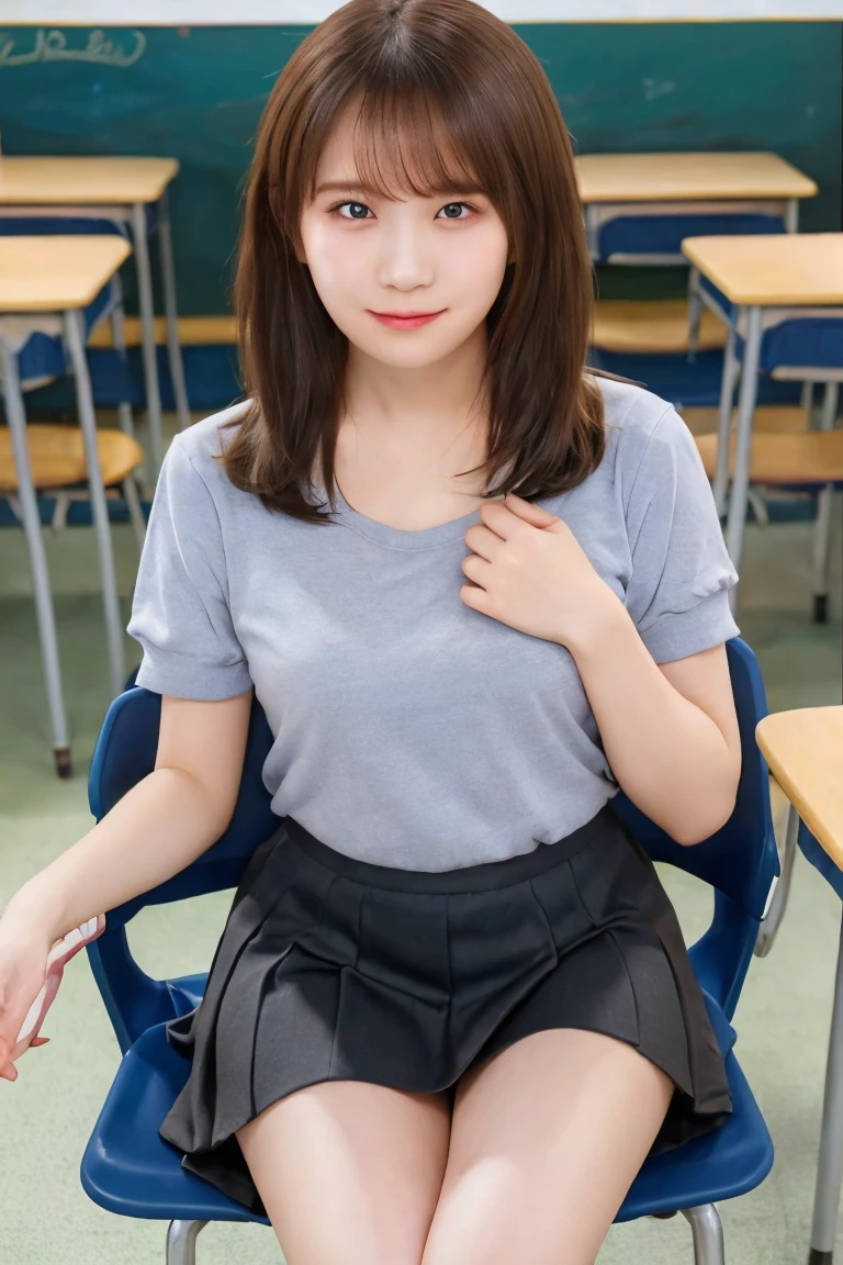 (8k, Photorealistic, Raw photo, Highest quality: 1.4),Japanese idol-style beautiful girl,1 person,17 years old,Hairstyle(Short Bob,Black,Disheveled and disheveled),She has her hair tucked behind her ears,Large, clear grey eyes,Long eyelashes,Plump, flushed cheeks,Smiling mischievously,Thin and delicate shoulders,Cute lace bra,My chest is sweaty,thin abdomen,Open shirt(Unbutton the front and open it completely :1.5,Hemming out),(Pleated skirt(Plaid)),School classroom,(Sit on a chair(Spread your legs wide:1.4,Lean forward on the chair with your hands between your legs. :1.4)),(She is looking down at the camera :1.4),Portrait