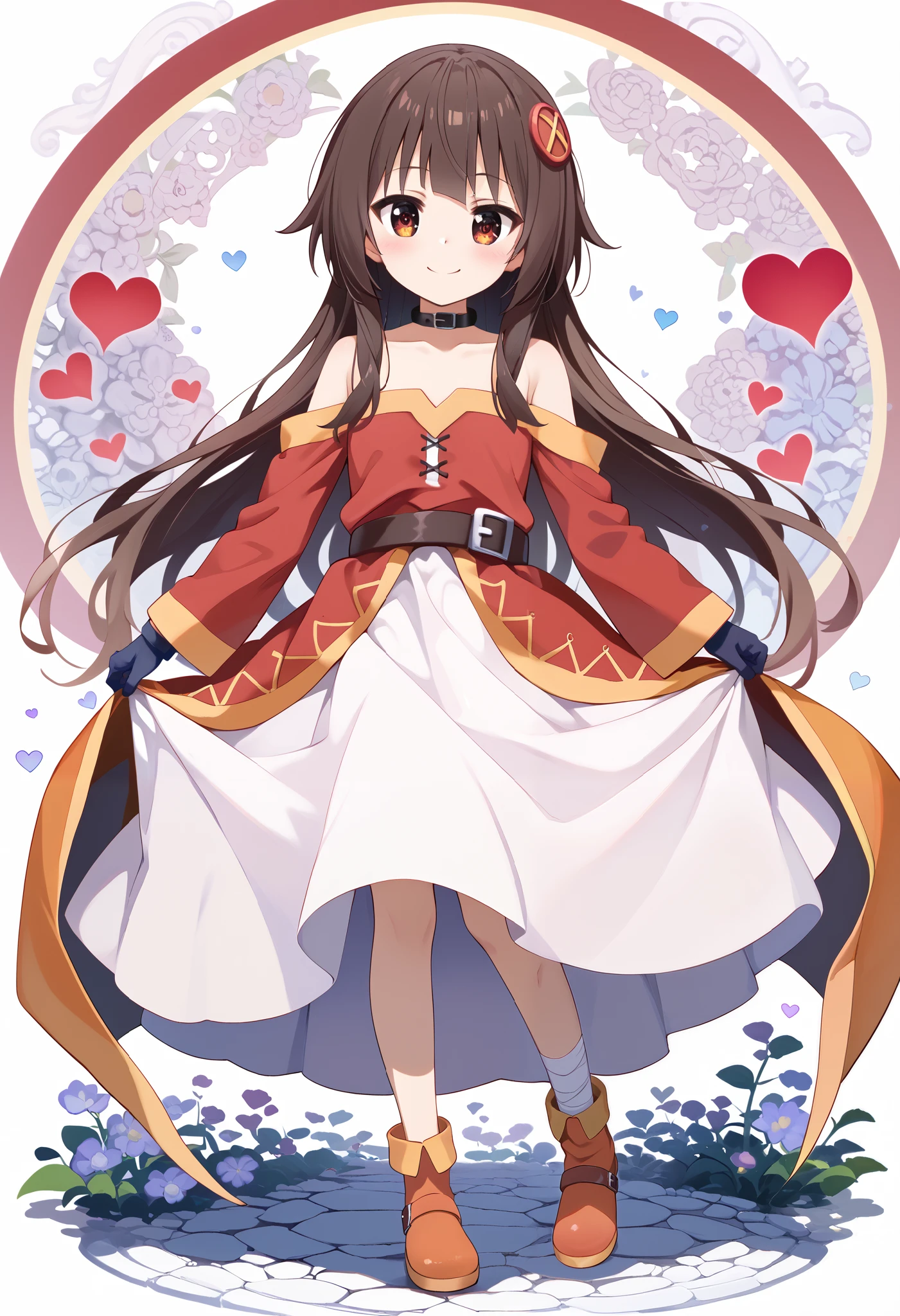 1 girl, Alone, long hair, chest, and watch the viewers, smile, mouth, bangs , detailed eyes , beautiful background, ( full of hearts ), chestに手を置く, gloves, dress , chest元, shoulder out, brown eyes, 非常に long hair, standing, full body, 白い gloves, 白い鎧の dress ,, Megumin、Konosuba anime style、 anime style 4k、 anime moe art style 、 cute girl anime visual、