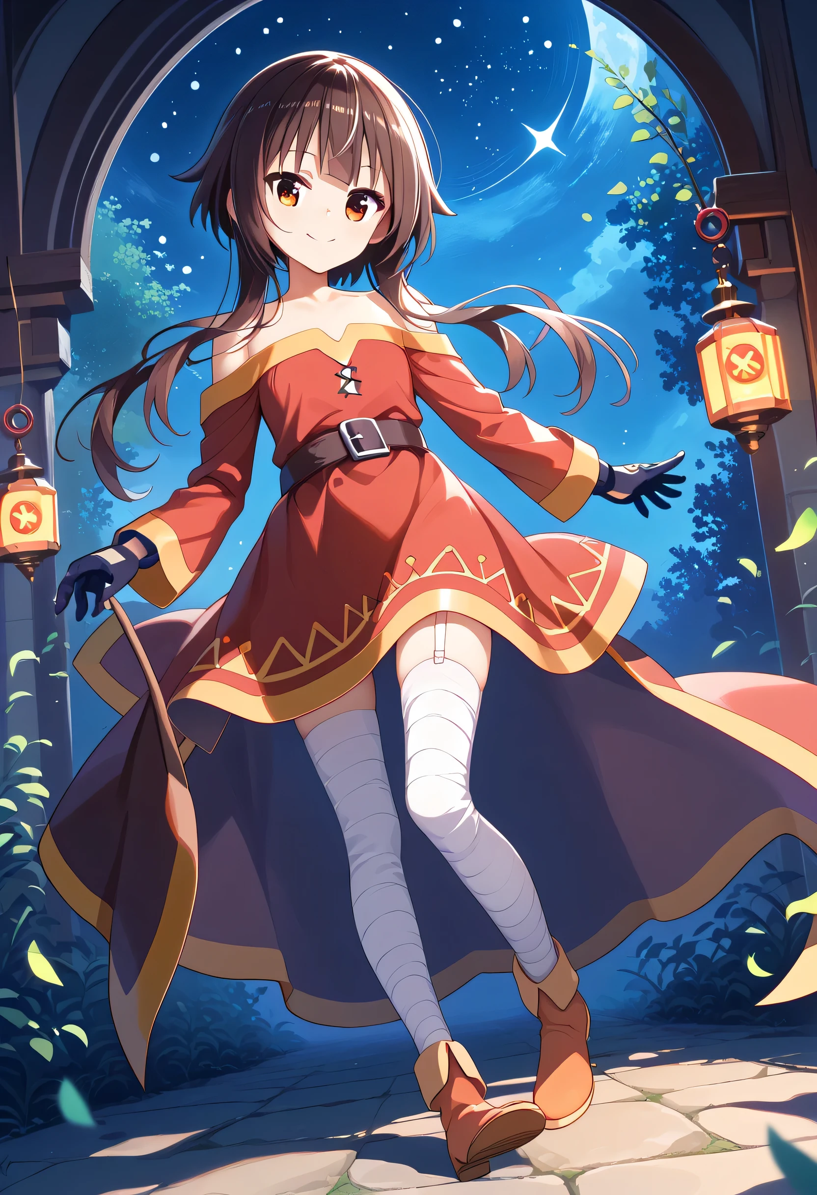 megumin、 1 girl, alone, long hair, chest, and watch the viewers, smile, mouth, bangs , detailed eyes , beautiful background, ( night sky , Star), Put your hands on the chest, Hair, thigh high socks , gloves, dress , chest element, shoulder out, brown eyes, have very long hair, standing, full body, white gloves , white dress , armor, white thigh high socks, garter strap , Fantasy , white armor,