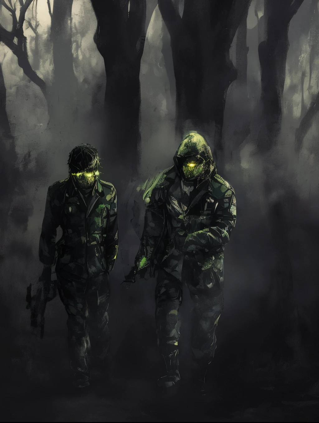 A tactical agent wearing full military gear and glowing green night vision goggles, walking forward with his weapon in a dark forest. He is surrounded by two ghostly entities made of glowing neon green energy, with menacing shapes and heads with wide-open mouths in silent screams. The agent is in motion, with detailed textures on his military uniform, including pockets, armor, and metallic details on his equipment. The surrounding forest features dense, twisted trees illuminated by the neon green glow of the creatures, with vibrant reflections and shadows cast on the trees. The forest floor shows burned leaves and patches of green fire. The atmosphere is dark and immersive, with a light mist and a strong contrast between the forest's darkness and the supernatural green glow. The scene is rendered in a highly detailed and dramatic digital art style, emphasizing realistic textures, lighting, and shadows, capturing a sense of movement and tension. The framing is centered on the agent, with the entities slightly in the background, creating a balanced and immersive composition.