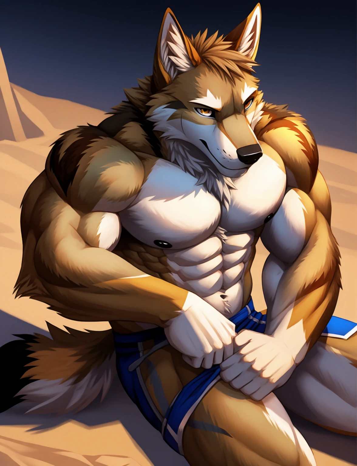 anthro hyena, 4k, high resolution, best quality, posted on e621, solo, anthro body, male, adult, masculine, , correct anatomy, (dune background), (blurry background, out-of-focus background:1.2), (by takemoto arashi:1.0), (by wfa:1), (by Taran Fiddler:0.5), sexy, (cel shaded, cartoony shading:1.2), black lineart, black outline, flat coloring, (strong shadows, dark shadows:1.2), dynamic pose,