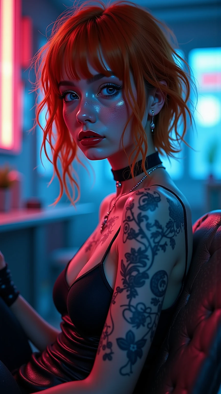 light red hair, vibrant blue eyes, pale white skin, portrait, rock clothing, band clothing, fine nose, thin chin, dark night scene, tattooed , RAW color art with high detail., (detailed skin, skin texture), (muscle), intricate details, fine details, hyperdetailed, ray tracing, subsurface dispersion, soft and diffuse lighting, red and blue spotlight, por Jeremy Mann, Greg Manchess, Antonio Moro, trend in artstation, trend on CGSociety, Intricate, High detail, sharp focus, Dramatic, photorealistic Midjourney painting, background bokeh, pub, Best Quality, masterpiece, only 1 girl, halfbody portrait, dark atmosphere at night, look at the viewer, night bar, country scene, Oregon, quiet city, Whole body, sitting, open legs, looks scared