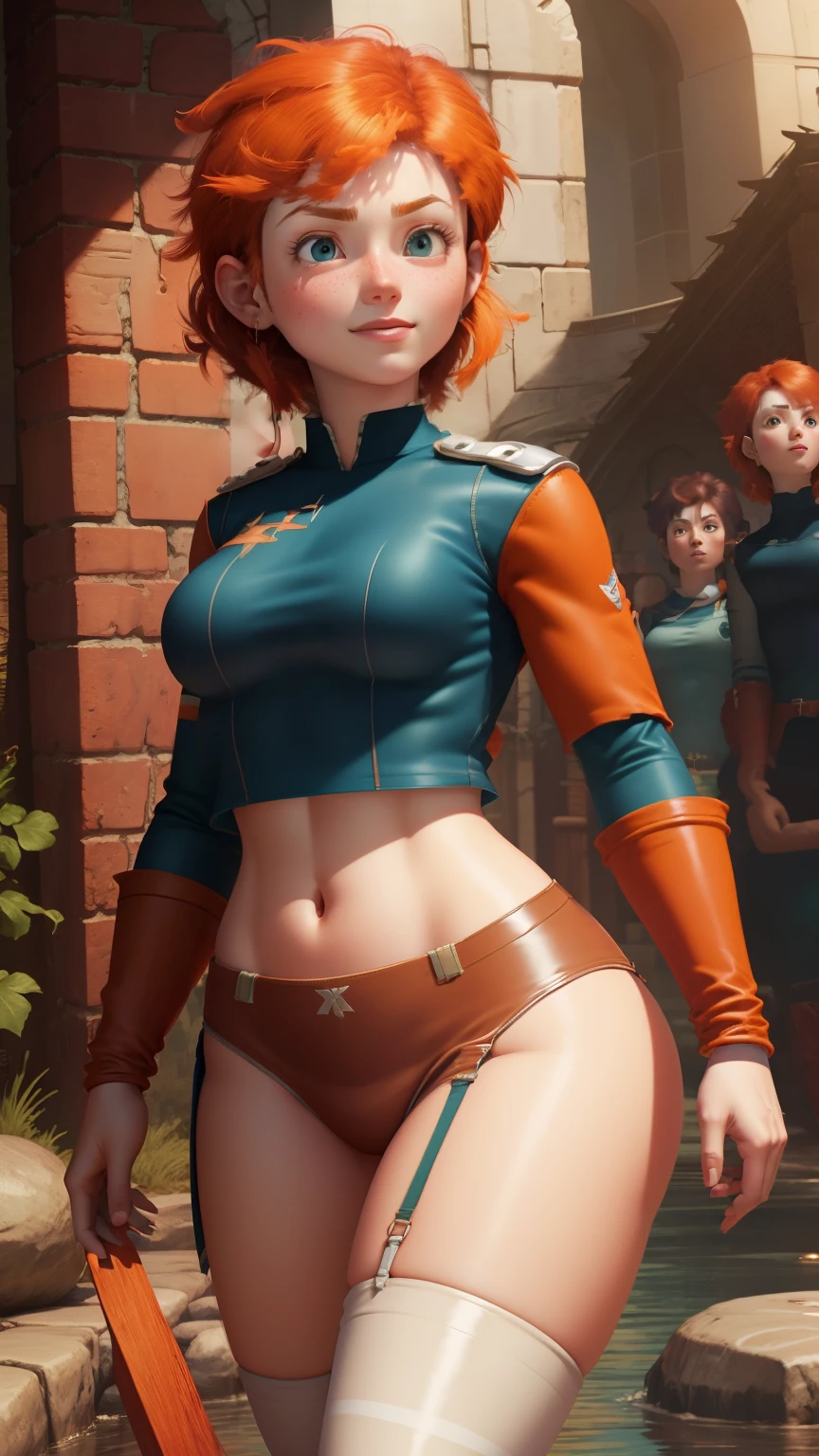 NSFW,Big Breasts,Crotch crack,A woman stands in front of a group of robots, Steampunk, synthesis, Beautiful android woman, Stormy epic war scenes, Inspired by Richard Avedon,Super detailed,Intricate details,Realistic anime,Black,skin,Dieselpunk Policewoman, Redhead woman, Girl in suit, Complex fashion clothing, Beautiful female soldier,Trousers half removed,Slipped pants,Micro Lingerie,blush,Surprised,pussy juice,