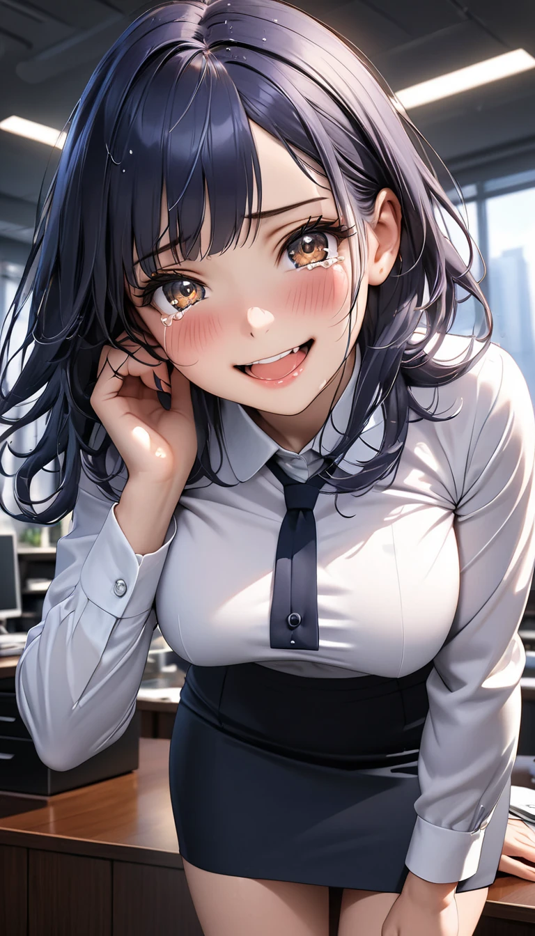 ((highest quality)), ((masterpiece)), (detailed), Perfect Face, clear, Office Lady, shiny suit vest, Medium chest,Ecstasy face, Long Tongue, Sticking out tongue, Drooling, Sweat, Medium Hair, Beautiful Hair, View Viewer, Depth of written boundary, Beautiful clavicle, Cleavage,