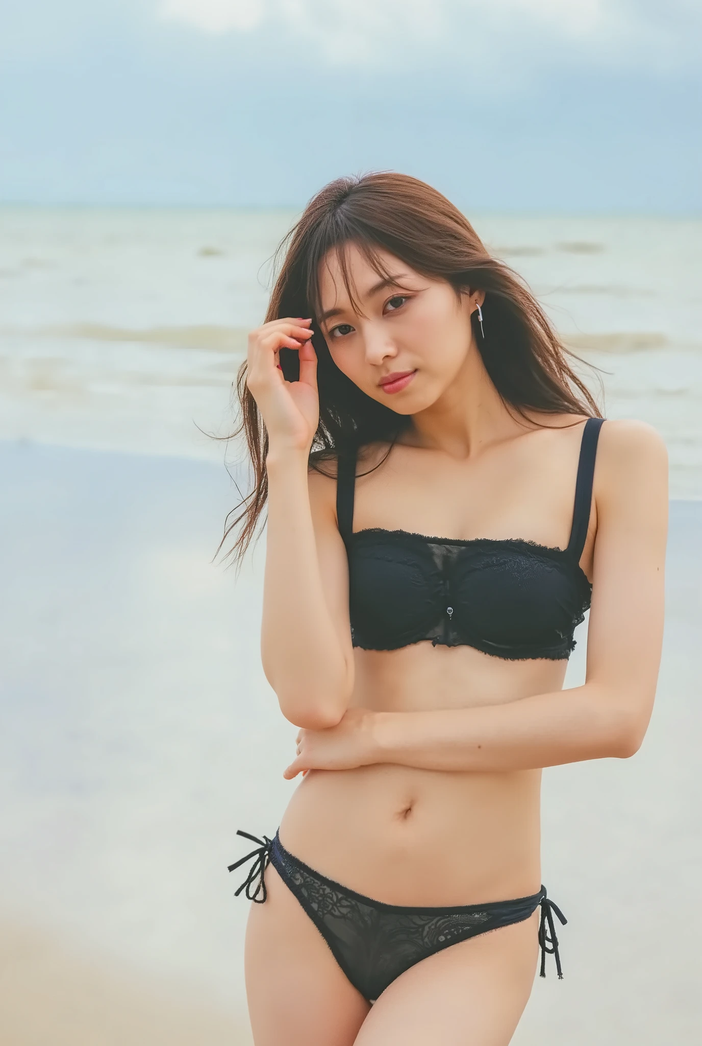 (masterpiece), (best quality), (highly detailed), (shape), (single woman), ((medium long hair)), (((Blackmicro bikini standing))), fashion model, showing to the viewer, (interview), (beach), beautiful details, delicate and beautiful face like a prostitute, (shiny bounce), colorful bubbles, (shiny), hair ring, floating hair, (shiny), best lighting, best shadows