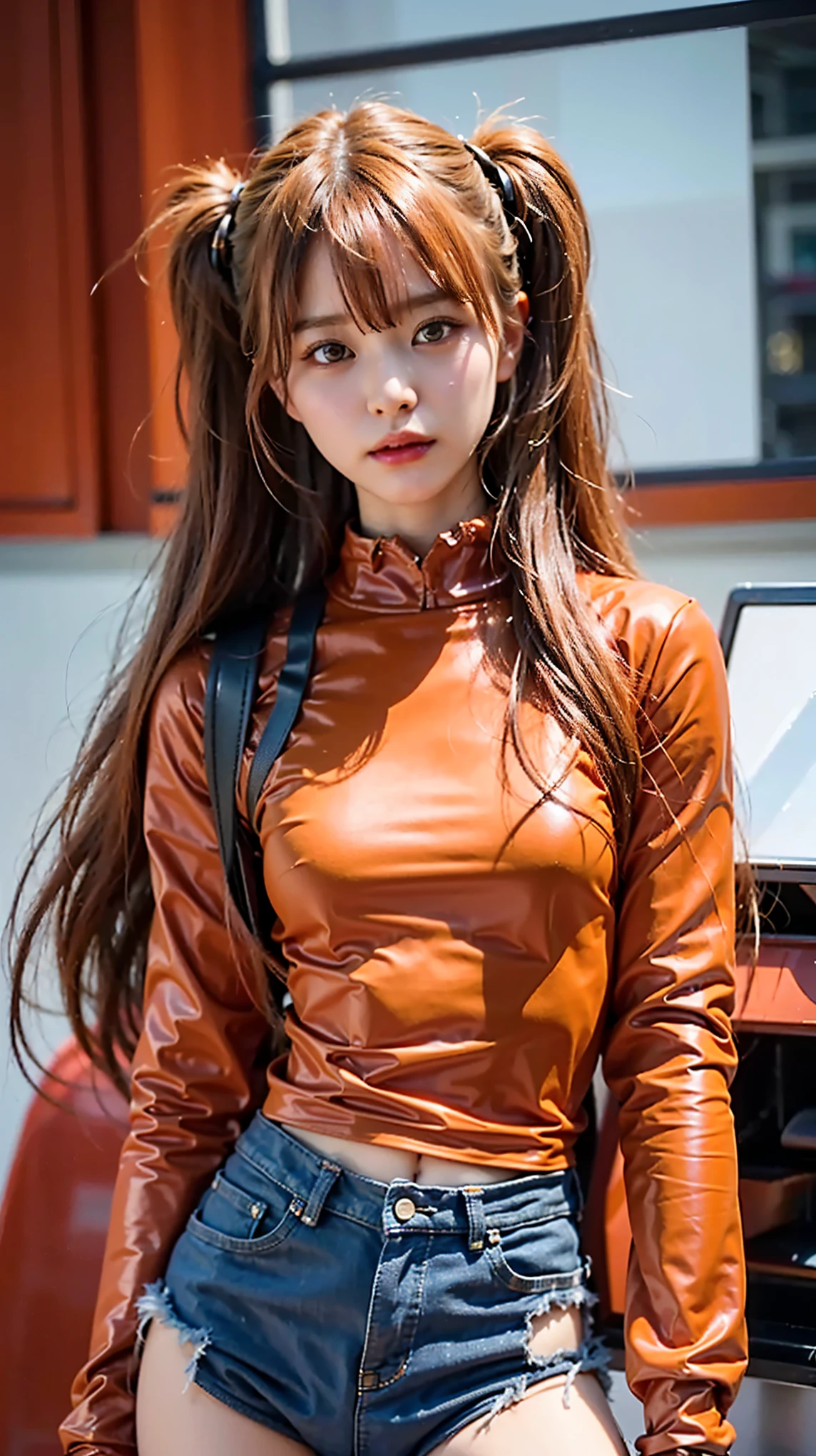 asuka langley evangelion, amazing woman, trendy outfits.Girlish outfit,ordinary girl fashion, blue wavy skirt