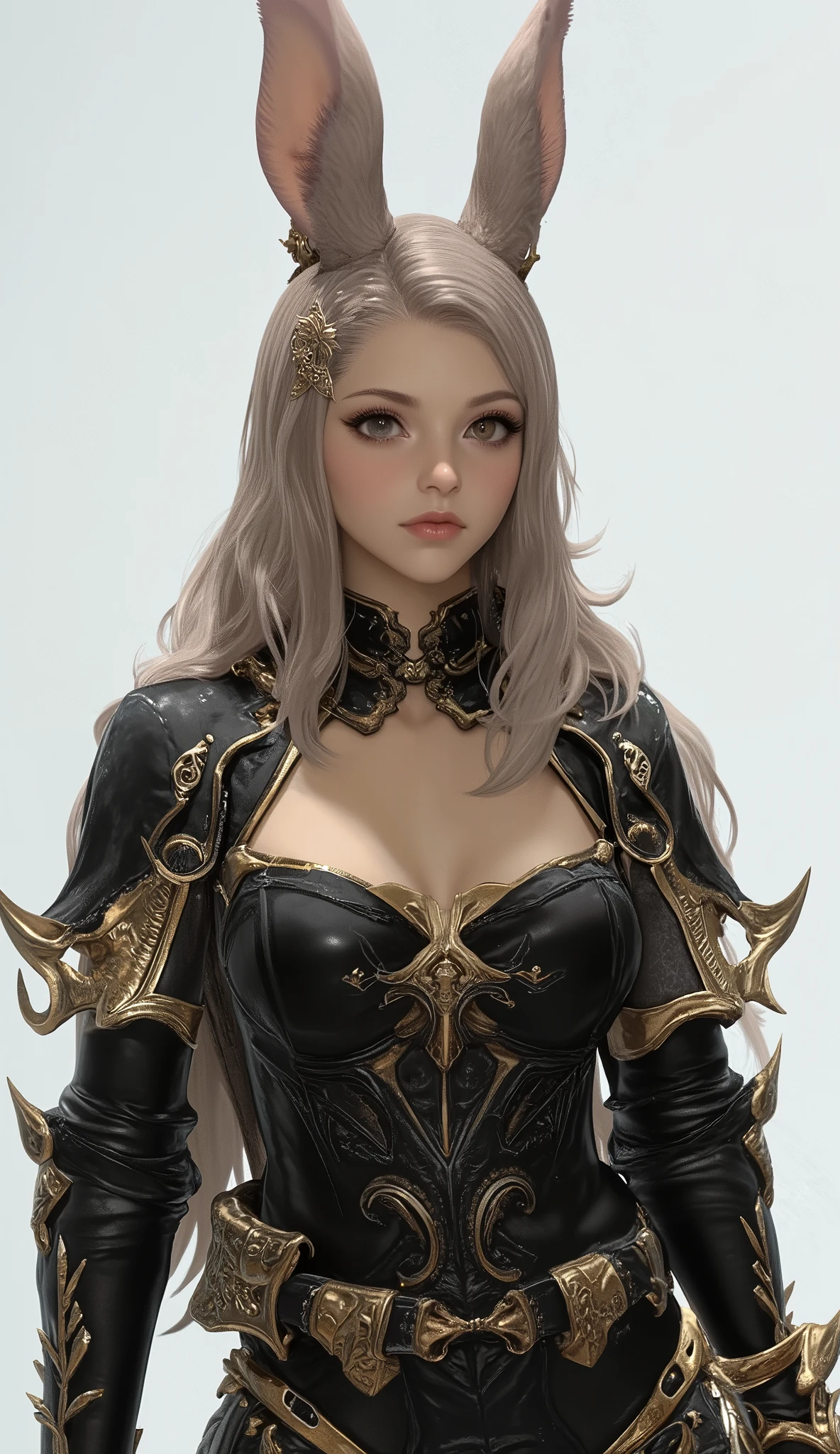 Final Fantasy Style , Takahashi Kazunari's masterpiece, Depiction of a face expressed down to the smallest detail, Detailed Eyes 、Detailed faces、Hair drawn down to the smallest detail 、Solo Female Viera , black mage, beautiful , 32K, enchantment, masterpiece, top quality, White Background , Concept Art , blond, long hair , I can't see my ears because my hair covers them, (( big breasted with a cross eye, deep cleavage )), sexy long legs, , full body, close up