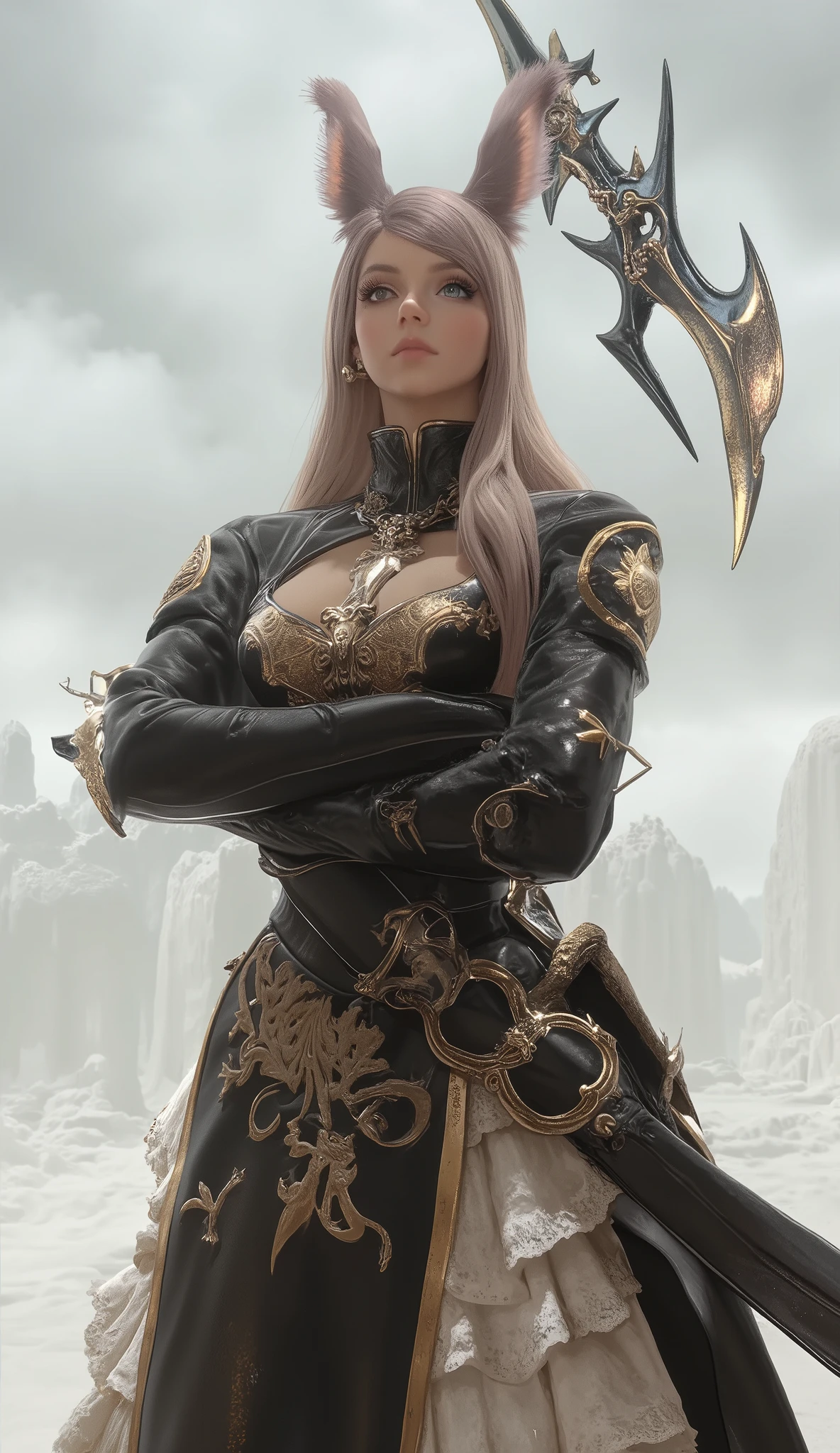 Final Fantasy Style , Takahashi Kazunari's masterpiece, Depiction of a face expressed down to the smallest detail, Detailed Eyes 、Detailed faces、Hair drawn down to the smallest detail 、Solo Female Viera , black mage, beautiful , 32K, enchantment, masterpiece, top quality, White Background , Concept Art , blond, long hair , I can't see my ears because my hair covers them, (( big breasted with a cross eye, deep cleavage )), sexy long legs, , full body, close up