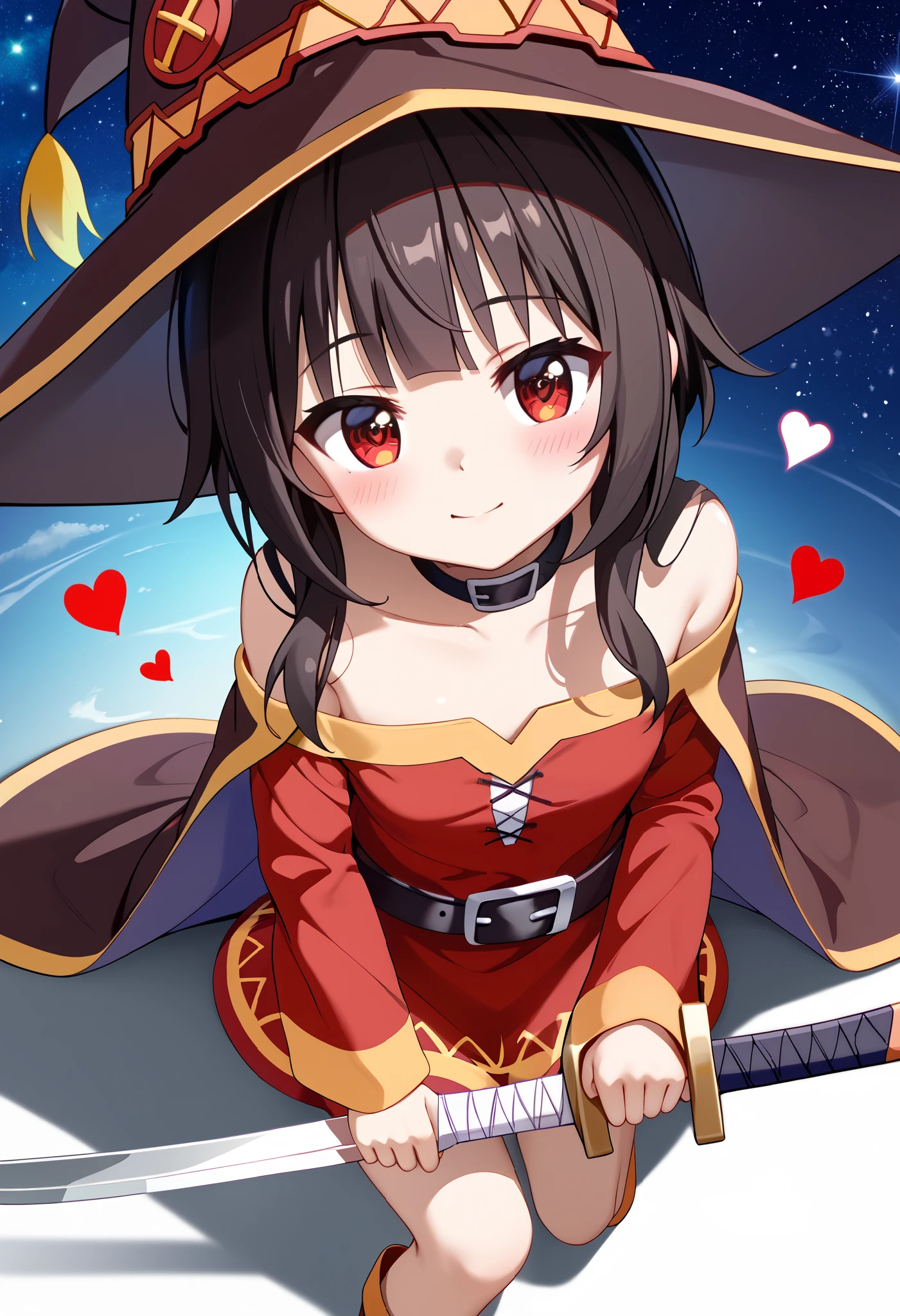 Megumin、 Flirty anime witch chanting magic 、Konosuba anime style、 anime style 4k、 anime moe art style 、 cute girl anime visual、Black Haired Mage 士、Looking up、Viewers view from above 、 beautiful background, ( starry sky 、 full of hearts )、 anime girl wearing a witch hat with a sword and a witch holding a sword、Megumin、木ノ須葉のMegumin、Half Summoner 、半分のMegumin、 Flirty Anime Witch Casting Magic 、 Ayaka Genshin Impact 、Konosuba anime style、 anime style 4k、 anime moe art style 、 cute girl anime visual、Black Haired Mage 、
