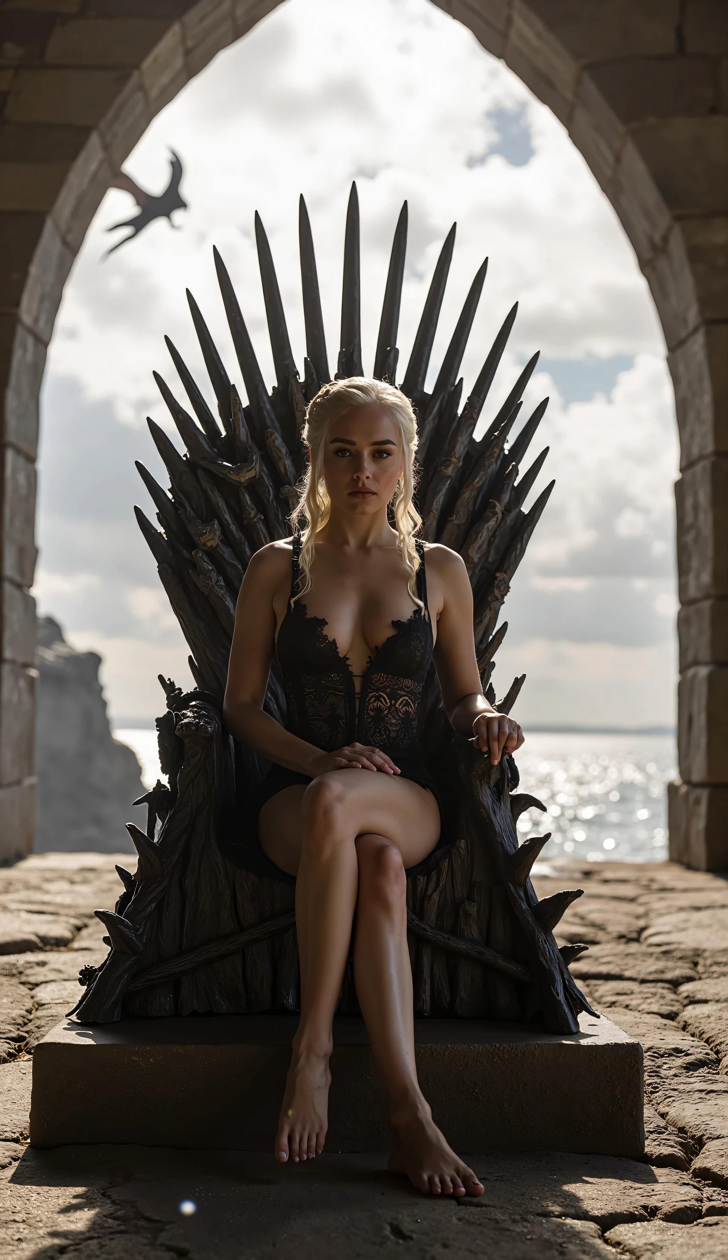 d3n5r, sexy pose, seductive, flirting, looking at viewer, sexy black lingerie, sexy lingerie suspenders, sexy black thong, sitting on the iron throne, upper body, game of thrones, dragons flying in sky, rocky castle, sunlight illumination, open walls, vegetation outside castle, ocean, cloudy, sun, flare