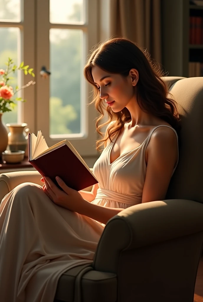 (photorealism:1.2), beautiful woman, sitting on bed, wearing loose off-shoulder top, pajama pants, long curly hair, indoors, soft lighting, plants in background, window with sunlight, cozy room, relaxed pose, realistic, intricate details, warm colors, by Greg Rutkowski, by Alphonse Mucha.reading book