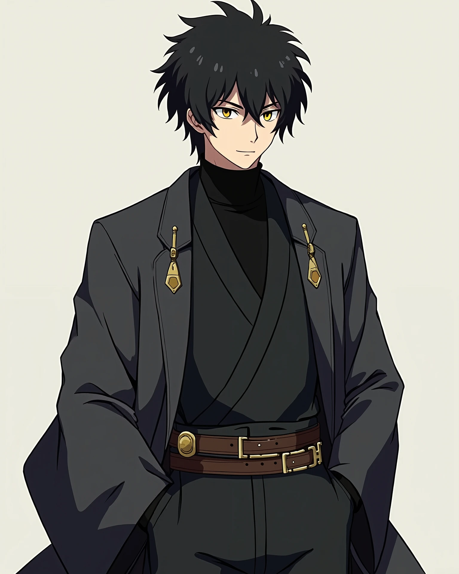 a man with full and voluminous black hair, short layered and yellow eyes. He has a slim figure, tall and muscular. She wears a black turtleneck blouse and black pants, in addition to dark gray Jedi garments with accessories such as buckles, etc., With features from the Jujutsu Kaisen anime