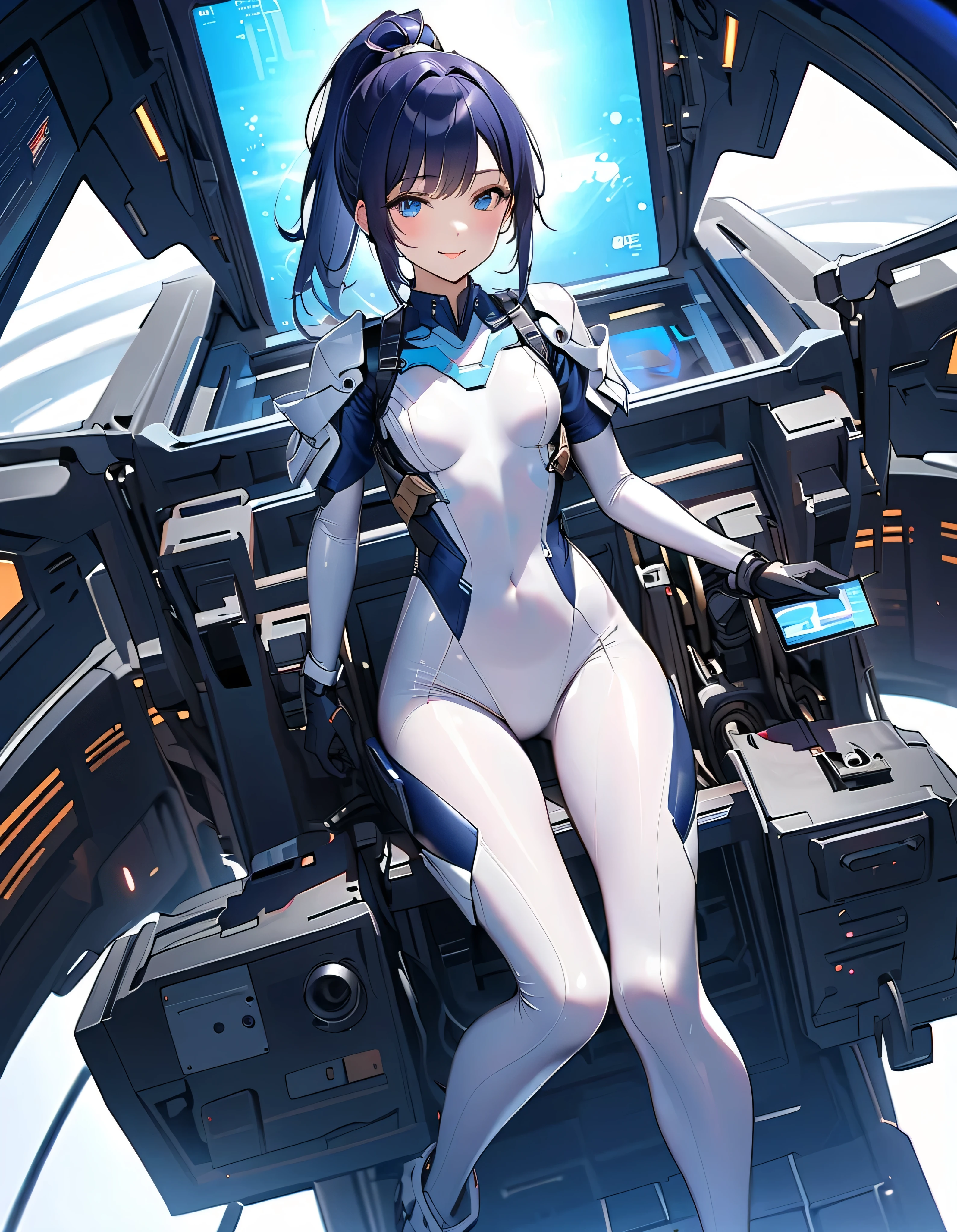 (masterpiece、Highest quality、Highest Resolution、Clear_image、Detailed details): (Whole body、One 20 year old girl、Japanese Faces、Small Face、Slender、Navy blue super short bob cut hair、(Hidden small breasts:1.3)、Sparkling blue eyes、Shiny pilot suit in white, blue and black colors、Chest protection armor、Tight fitting clothes、Clothing that covers the whole body、Glamorous clothes、Tight Fit Pants、Hide your skin、Very delicate and beautiful、Detailed Skin、hide thighs、Hide your ass、Cute、A gentle smile、Soft expression、heroine、headset、Knee-high boots、Elbow-length gloves、Eye Level Shot、Face directly、Woman on a spaceship)