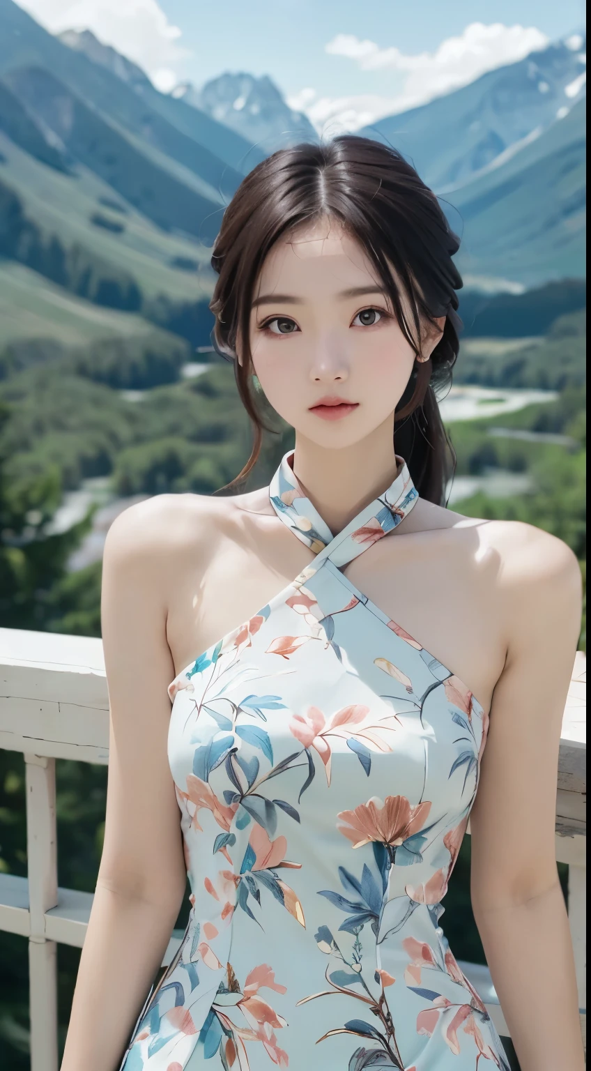 Focus on people。Create and express the best shining composition of the person in a realistic way。((masterpiece))、(((top-quality)))、((ultra-detailliert))、(A hyper-realistic)、(highly detailed CGillustration)、(extremely delicate and beautiful)、Girl a masterpiece、top-quality、Realistic skin feeling、Realistic fabric、We will introduce a realist illustration focusing on the center front of girls with realistic and ultra-detailed eyes.。This is the absolute rule, and the following sentence expresses the image quality。 The greatest painter in human history meets an unparalleled beauty、It is the greatest masterpiece in the history of the Inuiku Ichigo, which depicts the most beautiful figure of a lifetime.。 Create stunning anime artwork that is currently trending on seaStation、Introducing exquisite beauty and seductive aesthetics。Hair is tied up、Blue pesant dress with detailed floral embroidery、NOWAI