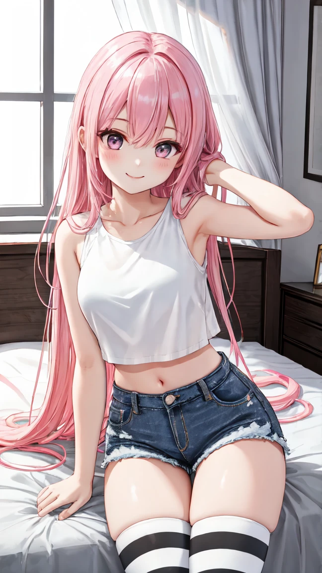 1 girl, baggy clothes, home, long pink hair, pink colour eyes, smiling, excited, beautiful, pale skin, perfect body figure, A cup size breast 1:3, cute, slim waist, bunny ears