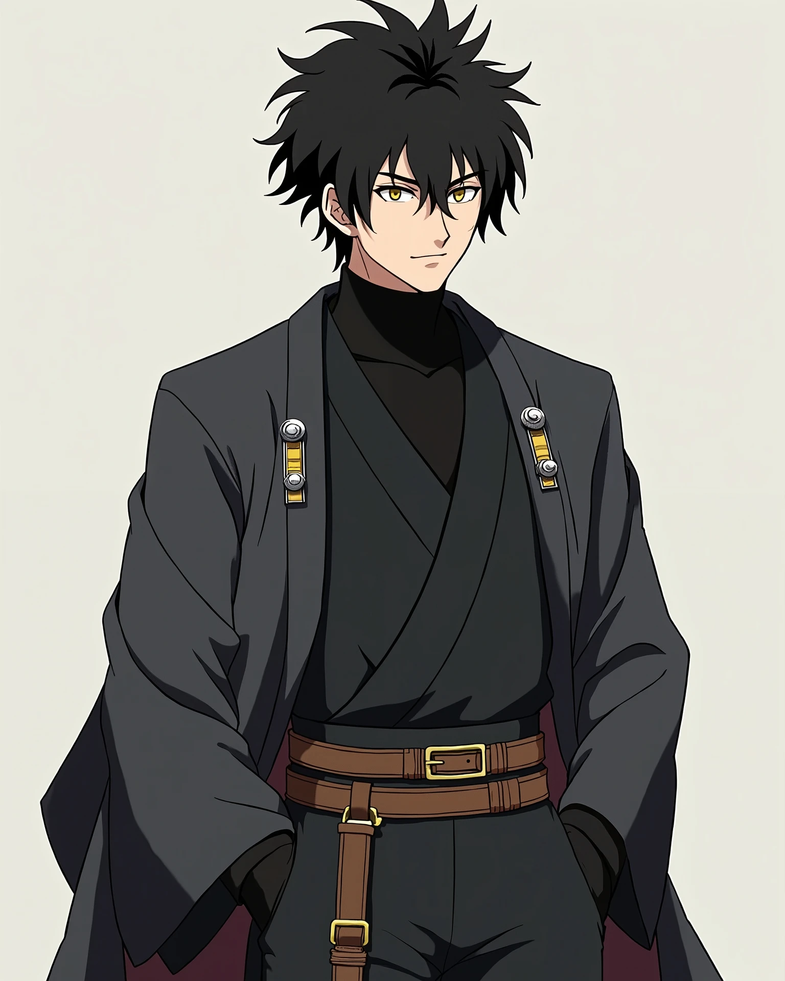 a man with full and voluminous black hair, short layered and yellow eyes. He has a slim figure, tall and muscular. She wears a black turtleneck blouse and black pants, in addition to dark gray Jedi garments with accessories such as buckles, etc., With features from the Jujutsu Kaisen anime