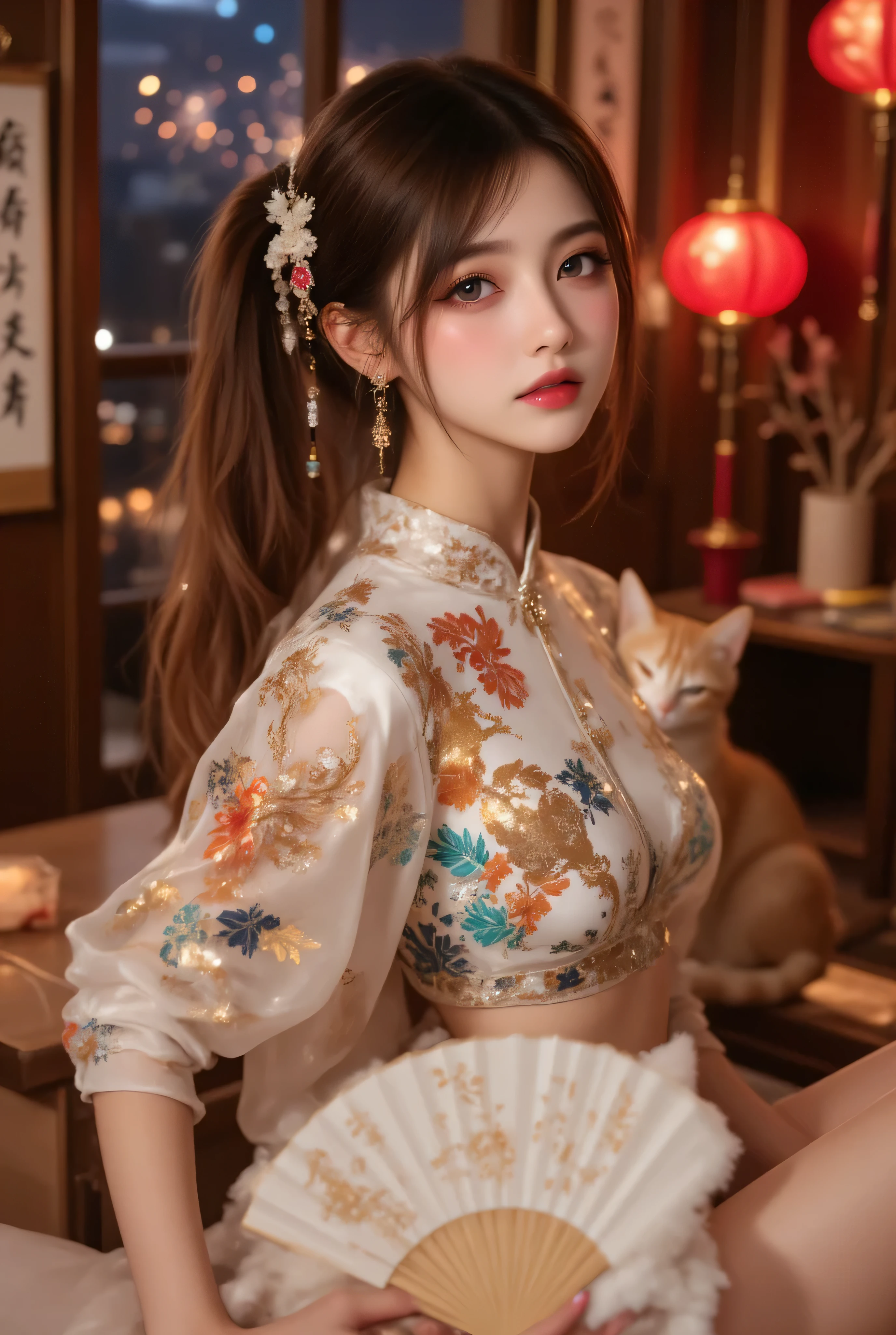 Cat ears、 face up, attractive, pretty girl, ponytail、 (( fine facial features , eroticism)), dramatic lighting , realistic , 8k, Dramatic Shadows , intricate and elaborate patterns , super detailed photo , chiaroscuro lighting , Pleasant colors , deep contrast , super real 、 pink lipstick、 warm room、Vintage Fireplace 、 cinematic composition、Close-up of face, pretty half part transparent open shoulder loose outfits dress, tang style, A beautiful Korean idol wearing a short colourful tightly cheongsam with phoenix and intricate floral golden embroidery, golden and silver outline on dress, hand with pink feathers paper fan and paper fan have golden ink drawing on it, standing gracefully in a room filled with traditional Chinese New Year decorations. The room features vibrant red lanterns, decorative calligraphy scrolls, a small Chinese orange tree with golden ornaments, and several red envelopes scattered across the floor and hanging from the tree. Adorable, playful cats are part of the scene—some sitting near the tree, others curiously pawing at the red envelopes or lounging around. Through a window or an open door in the background, vibrant Chinese fireworks light up the night sky in an array of reds, golds, and blues, casting a magical glow into the room. The idol’s outfit is paired with subtle accessories like red hairpins or earrings, complementing the festive look. The atmosphere is warm and lively, filled with the joyful essence of the celebration, enhanced by the shimmering lights of the fireworks and the lively decor.