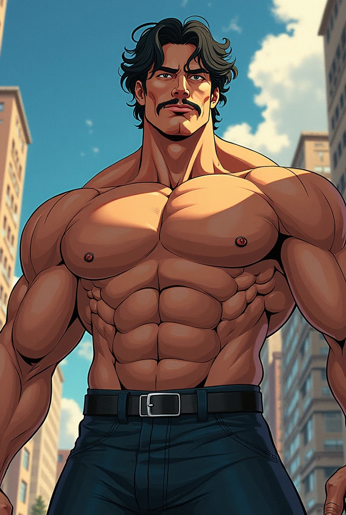There's a man sitting on a bench in a gym, em uma academia, heavy appearance, encorpado, He's strong, He's chubby, muscular, He's bald with a mustache, barba a fazer, negro, encorpado, parrudo, ele tem cerca de 58 anos de idade, ele tem cerca de 58 anos, coxas grandes, malhar, Gold neckband earphones, watch bracelet full body tattoos , he is facing the viewer, view from below, fotografia de Corpo completo imagem de corpo completo, Dynamic photography. Fotografia mostrando todo o corpo do modelo. Only plump, chubby, extremely thick thighs, large belly, fat, gray.